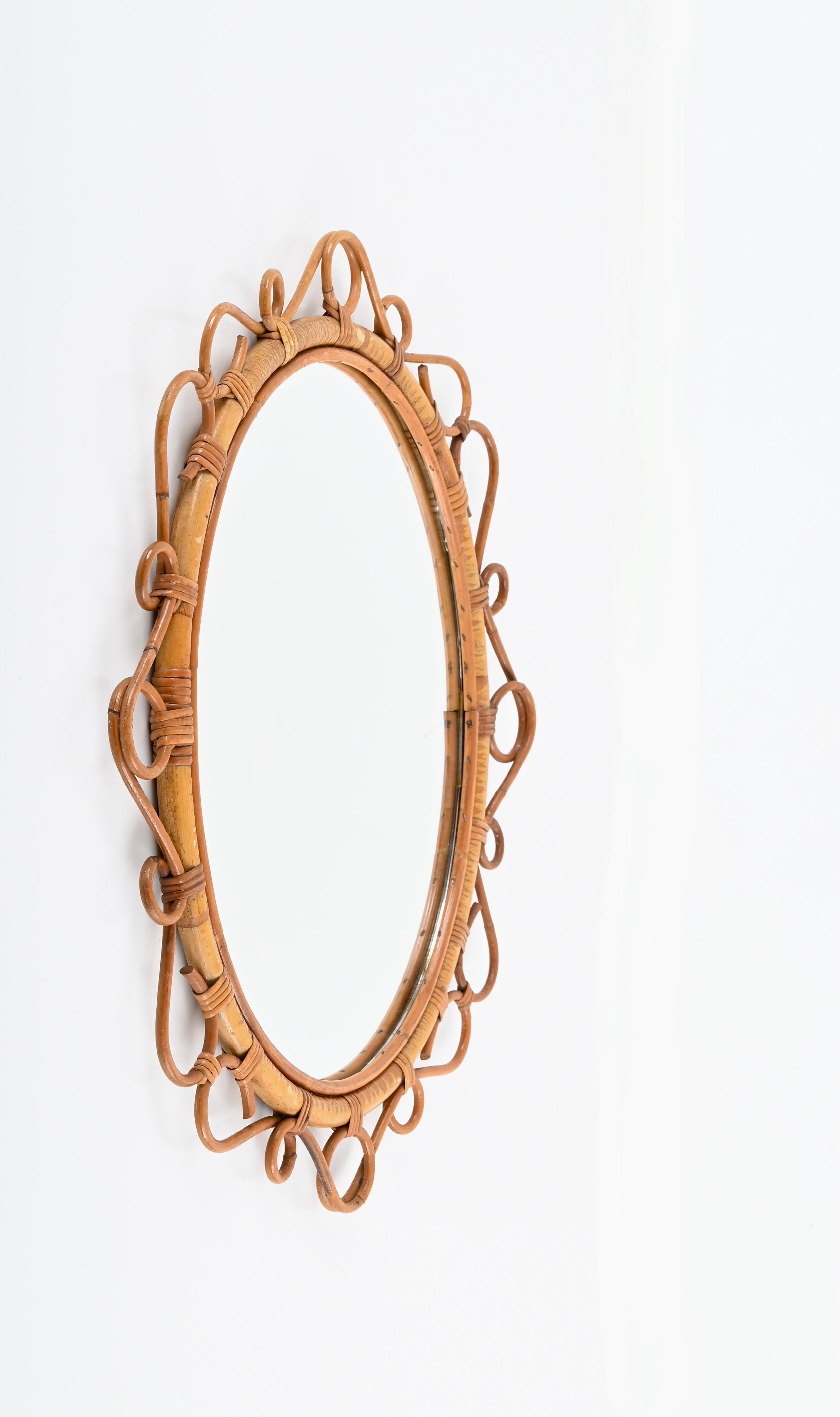 Late 20th Century French Riviera Oval Mirror in Rattan, Bamboo and Wicker, Italy 1970s