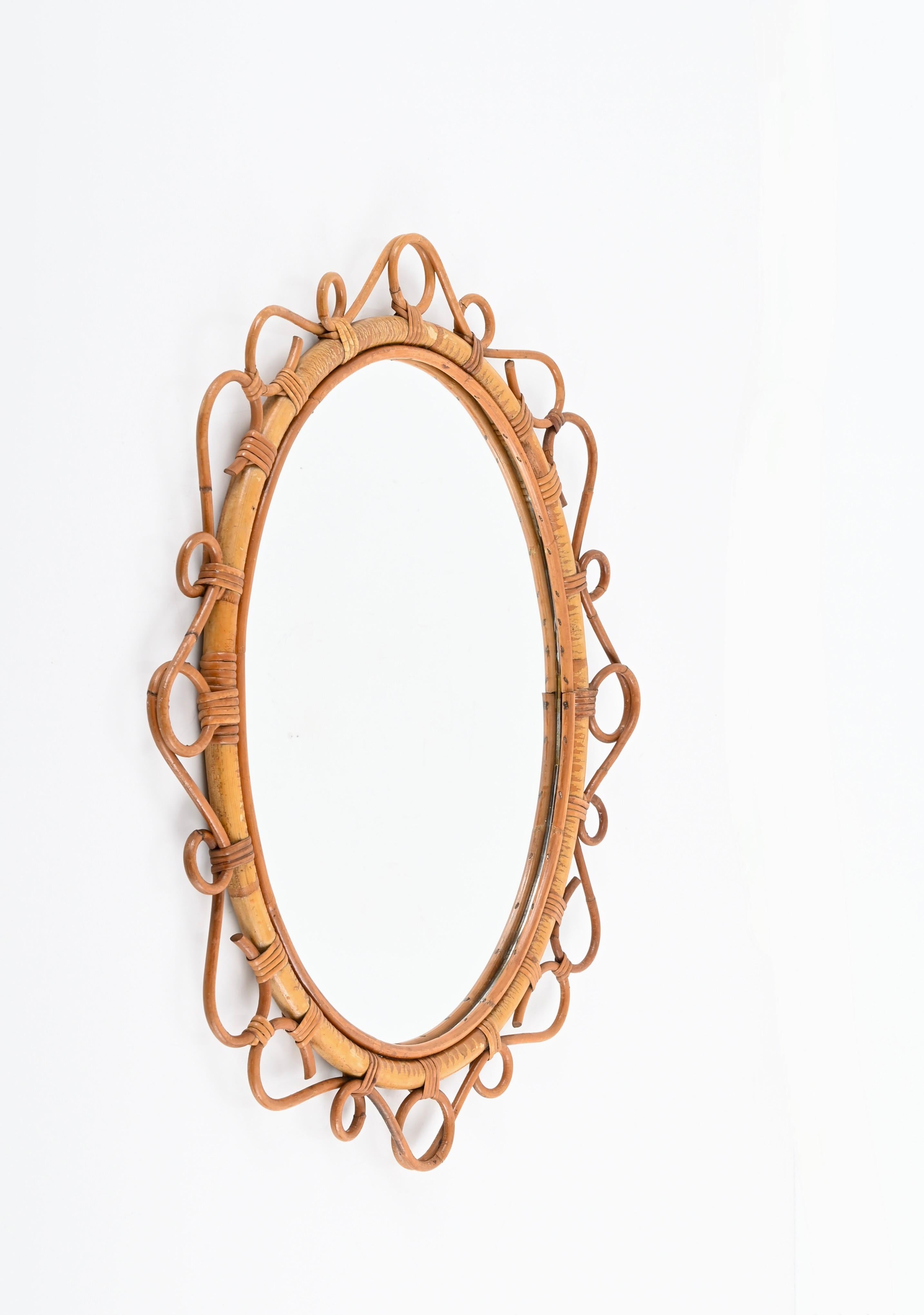 French Riviera Oval Mirror in Rattan, Bamboo and Wicker, Italy 1970s 1