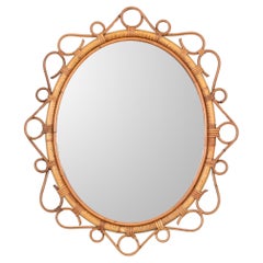 Vintage French Riviera Oval Mirror in Rattan, Bamboo and Wicker, Italy 1970s