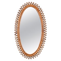 French Riviera Oval Mirror in Spiral Rattan and Bamboo, Italy 1970s