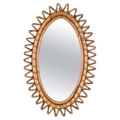 French Riviera Oval Mirror in Spiral Rattan and Bamboo, Italy 1970s