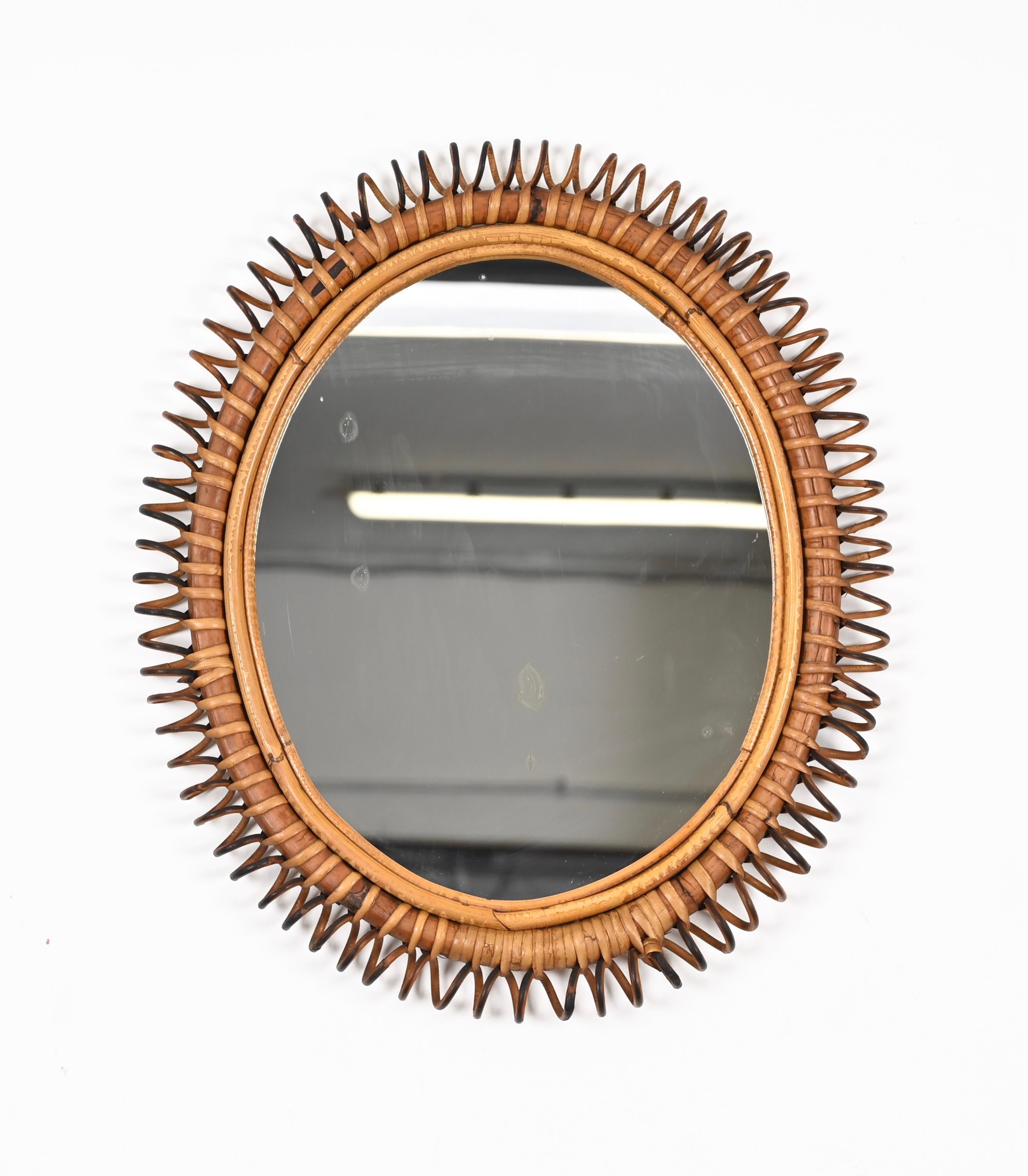 French Riviera Oval Mirror in Spiral Rattan, Wicker and Bamboo, Italy 1960s 3
