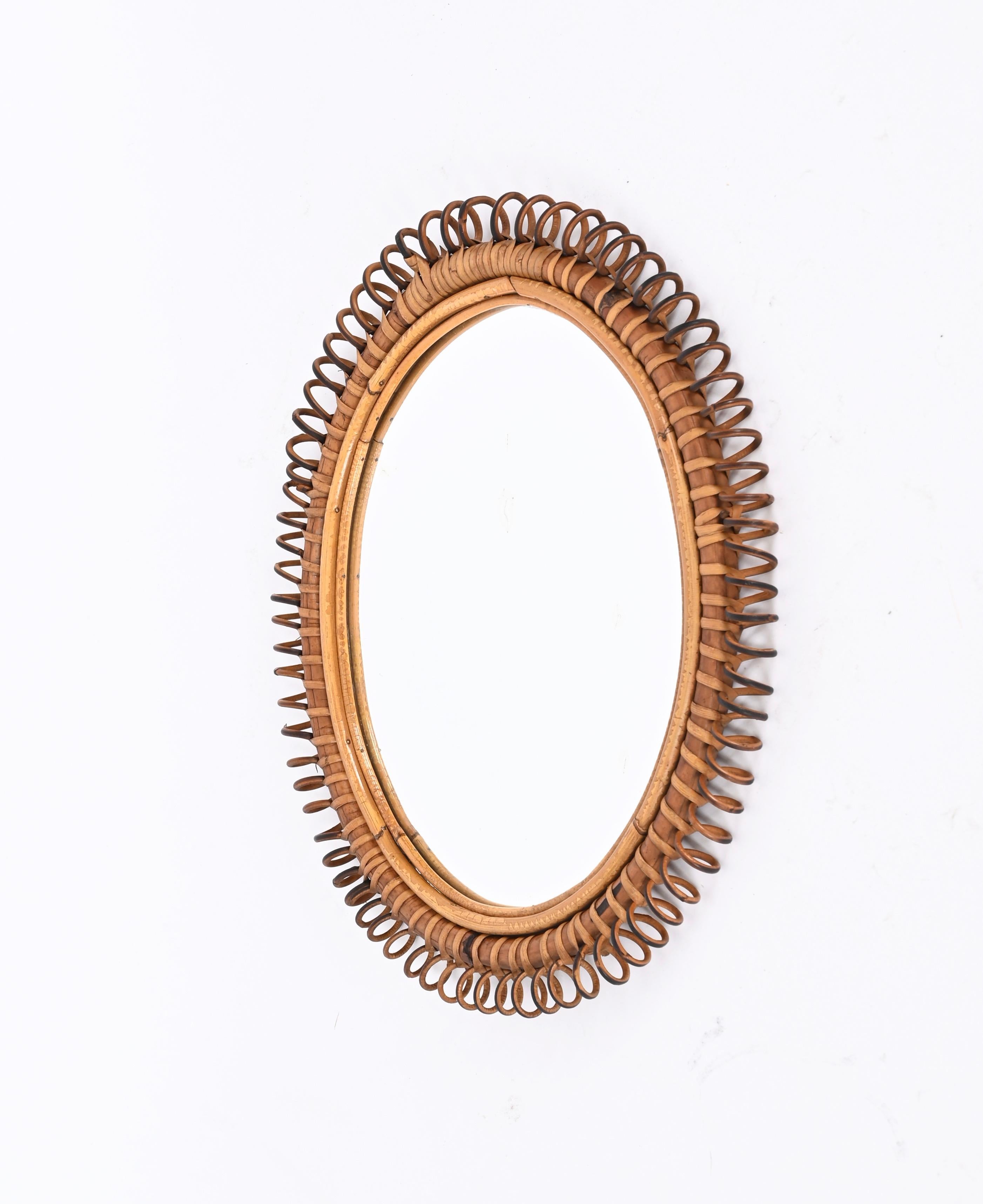 French Riviera Oval Mirror in Spiral Rattan, Wicker and Bamboo, Italy 1960s 5