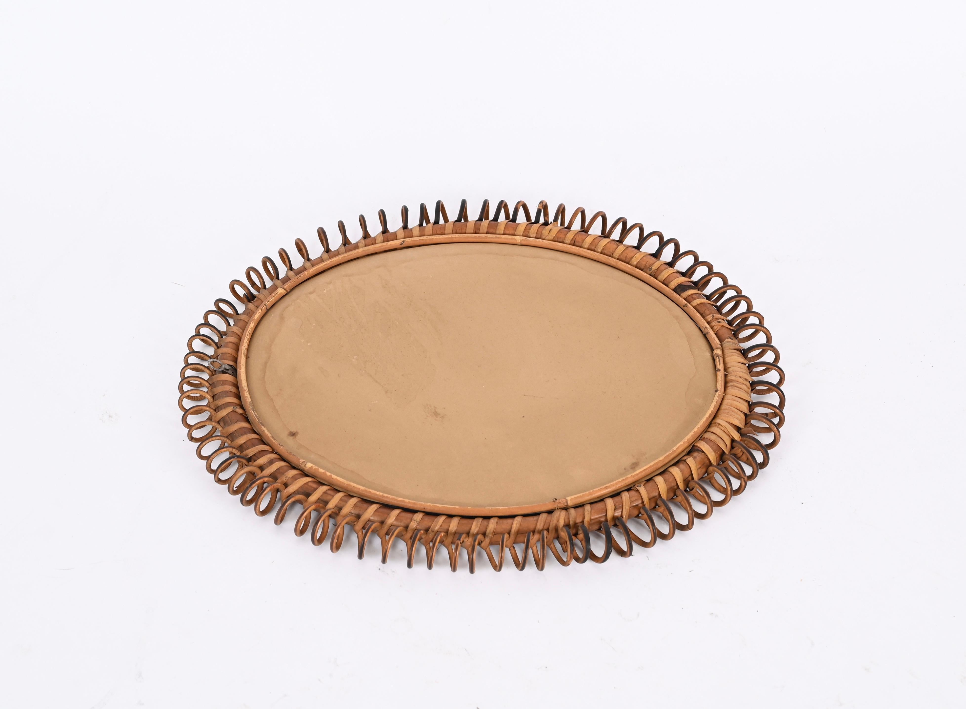 French Riviera Oval Mirror in Spiral Rattan, Wicker and Bamboo, Italy 1960s 6
