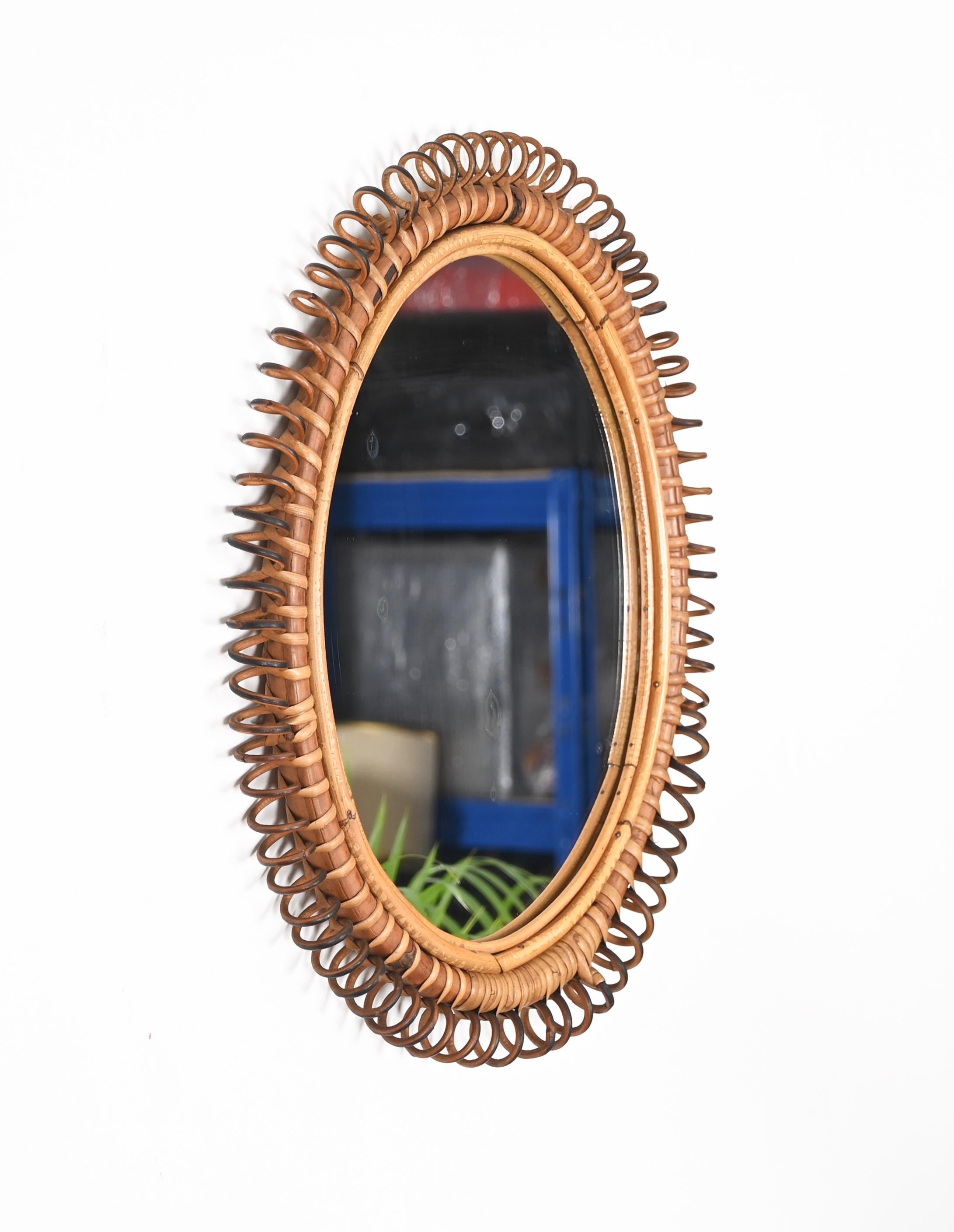 Italian French Riviera Oval Mirror in Spiral Rattan, Wicker and Bamboo, Italy 1960s