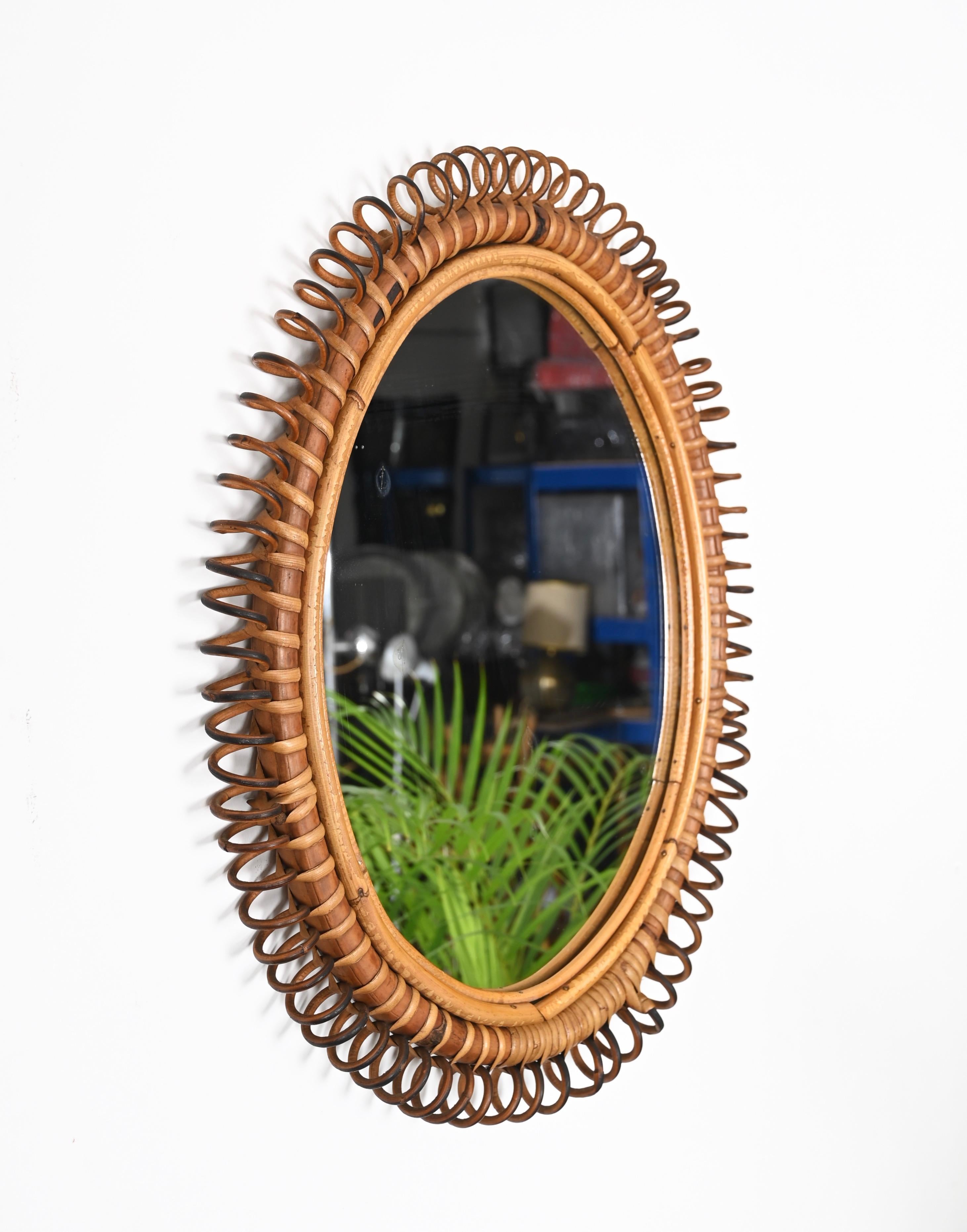 Mid-20th Century French Riviera Oval Mirror in Spiral Rattan, Wicker and Bamboo, Italy 1960s