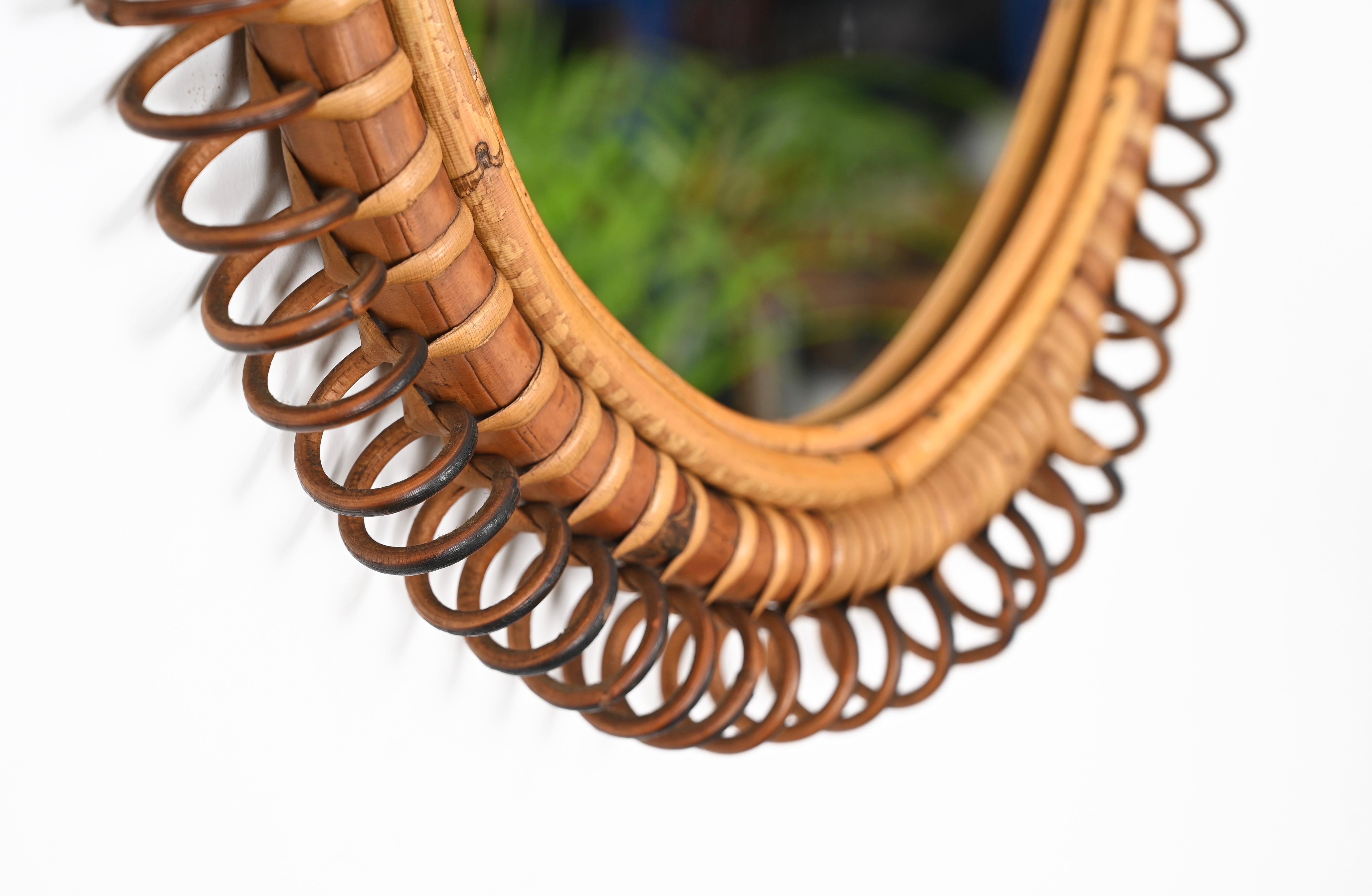 French Riviera Oval Mirror in Spiral Rattan, Wicker and Bamboo, Italy 1960s 1