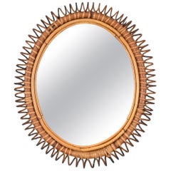 French Riviera Oval Mirror in Spiral Rattan, Wicker and Bamboo, Italy 1960s