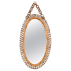 French Riviera Oval Mirror in Spiral Rattan, Wicker and Bamboo, Italy 1960s