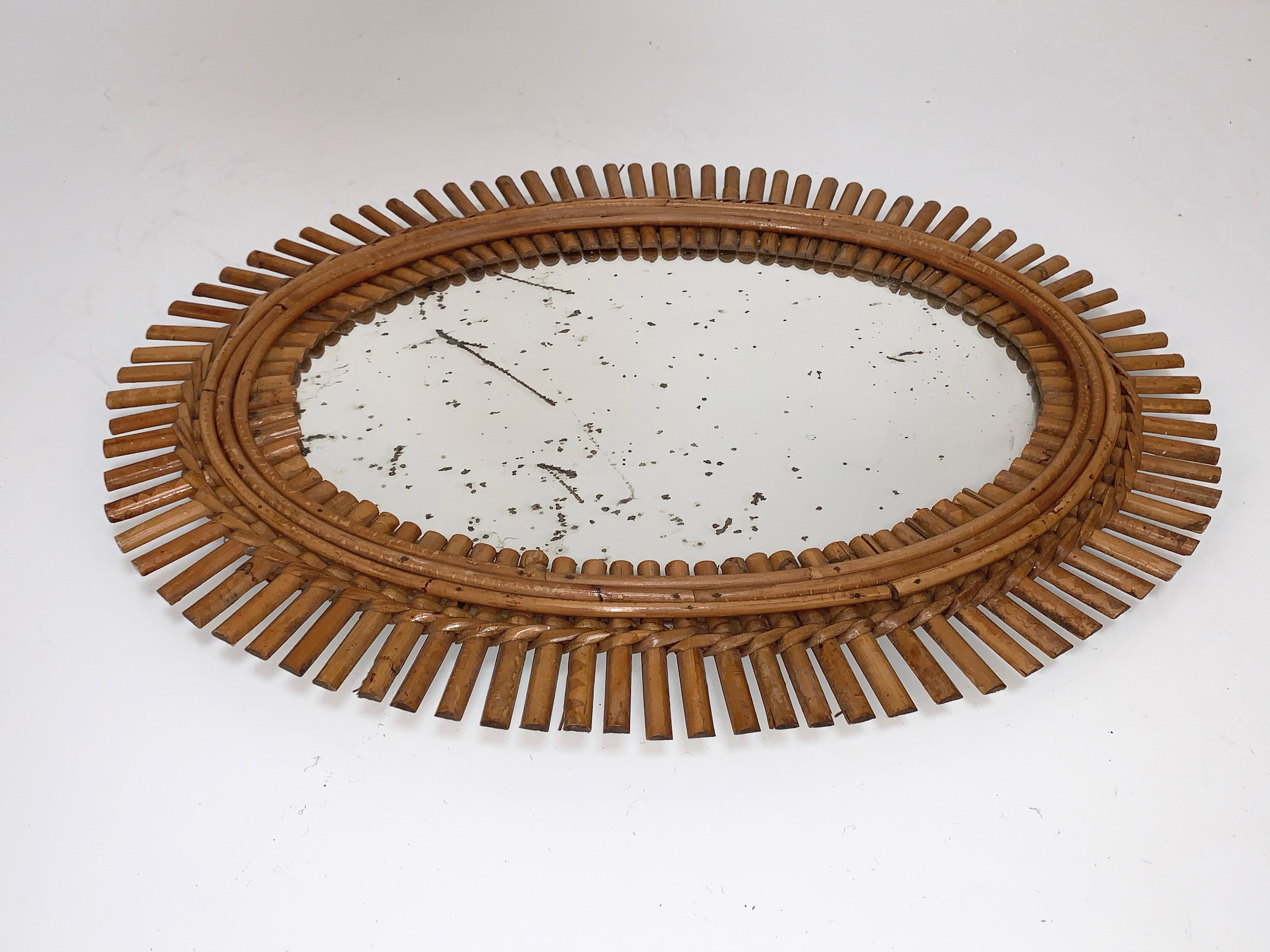 French Riviera Oval Wall Mirror in Bamboo and Rattan, 1960s Midcentury 4