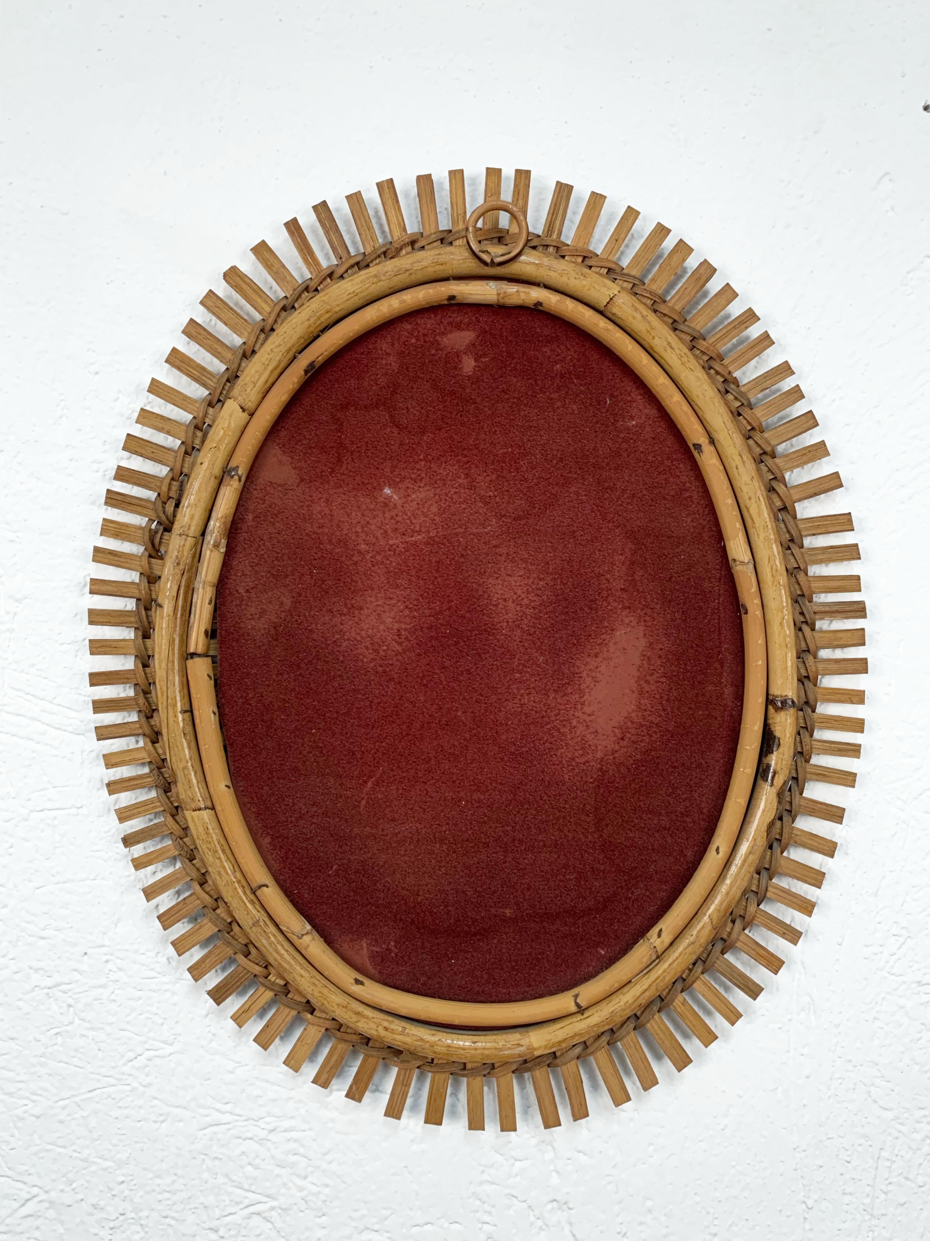 French Riviera Oval Wall Mirror in Bamboo and Rattan, 1960s Midcentury 7