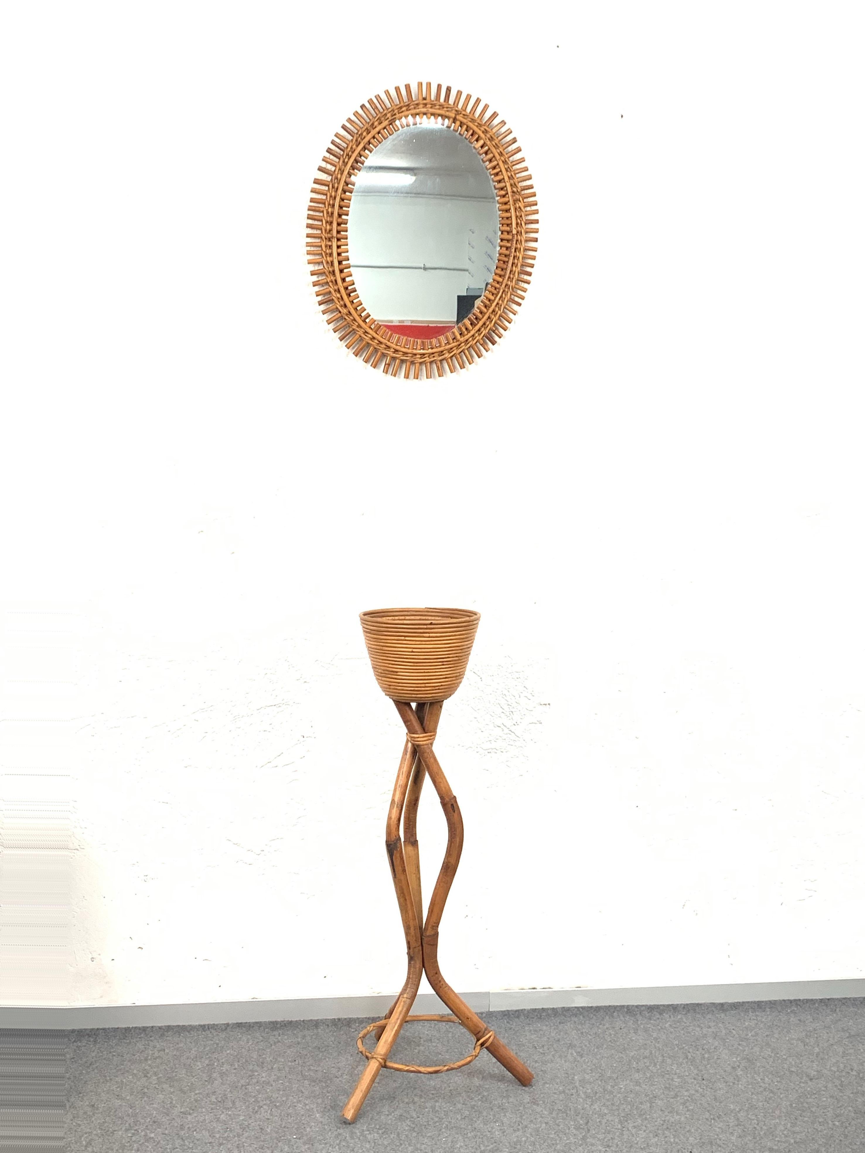 French Riviera Oval Wall Mirror in Bamboo and Rattan, 1960s Midcentury 10