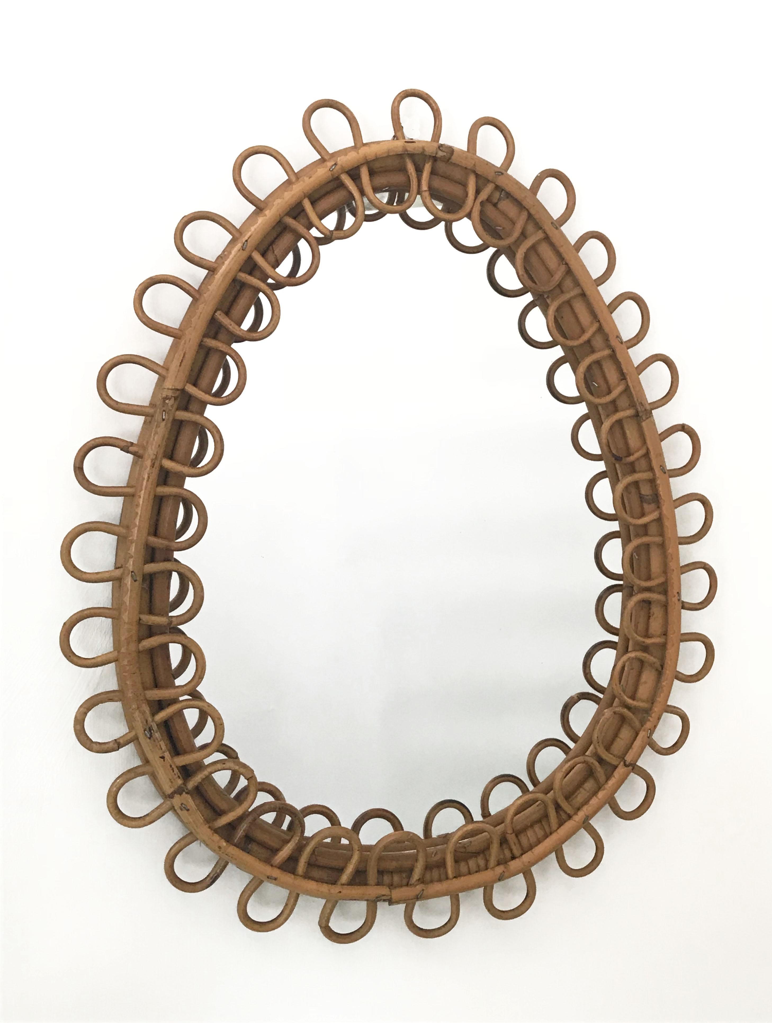 Mid-Century Modern Midcentury French Riviera Oval Wall Mirror in Bamboo and Rattan, 1960s 