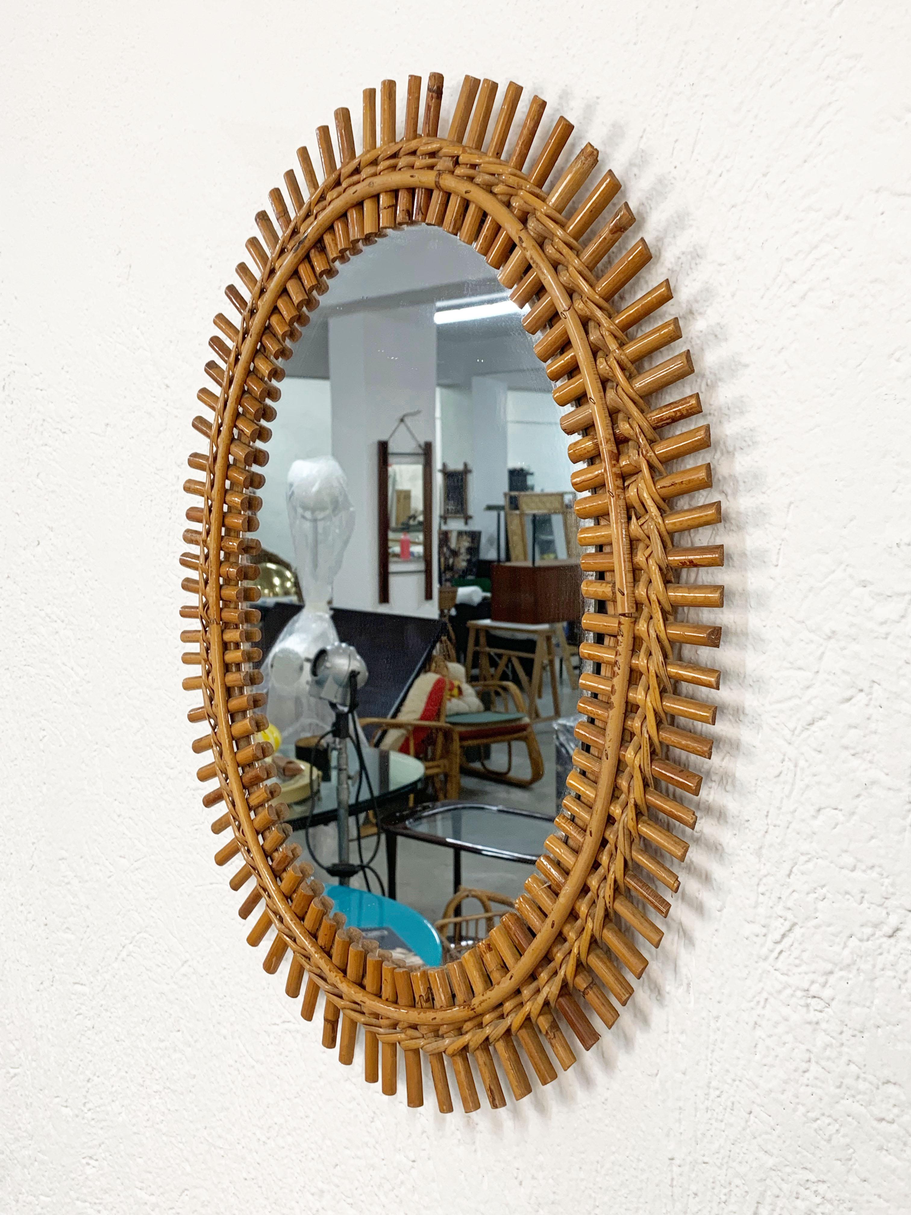 Mid-Century Modern French Riviera Oval Wall Mirror in Bamboo and Rattan, 1960s Midcentury