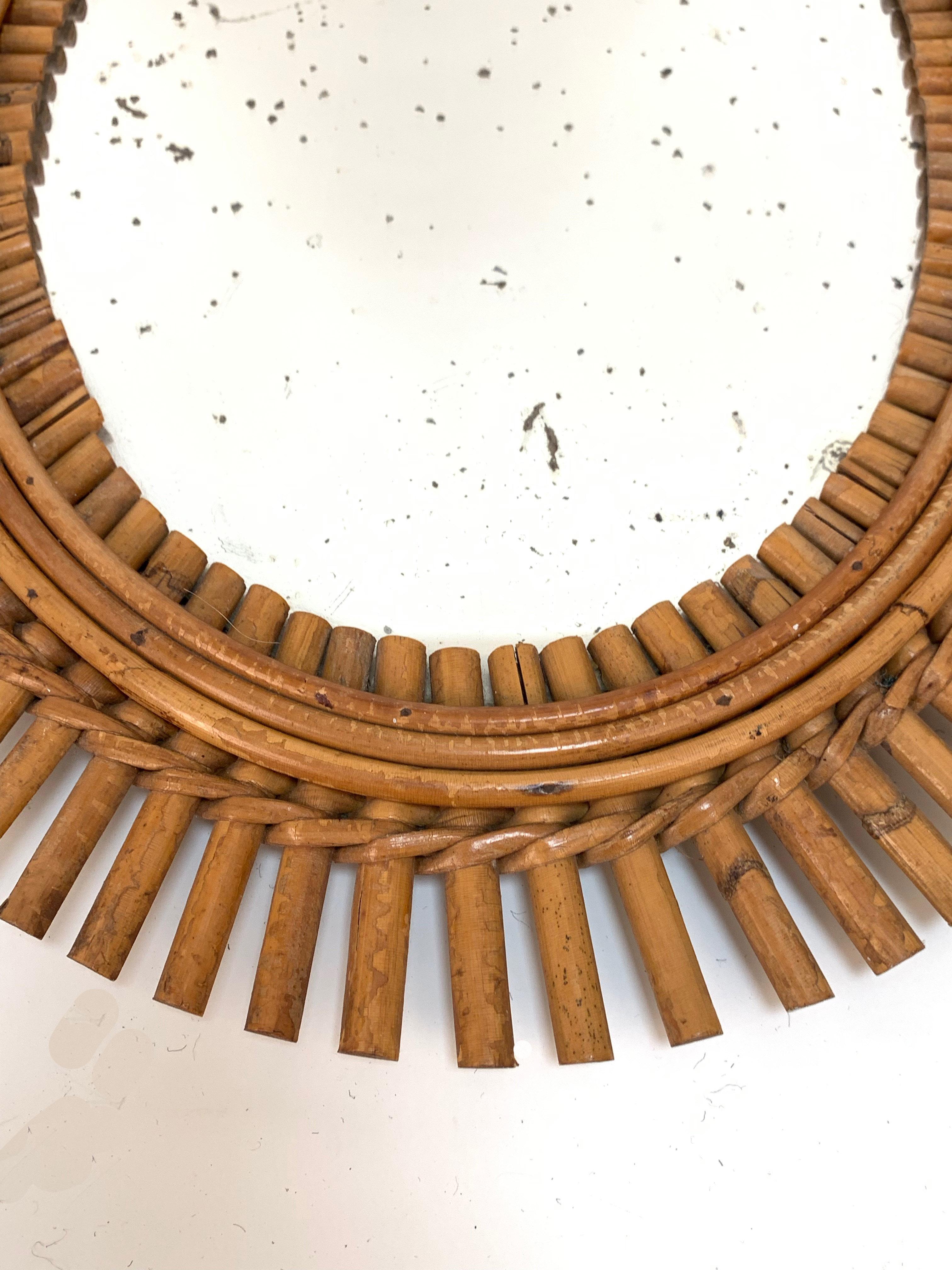 Mid-Century Modern French Riviera Oval Wall Mirror in Bamboo and Rattan, 1960s Midcentury