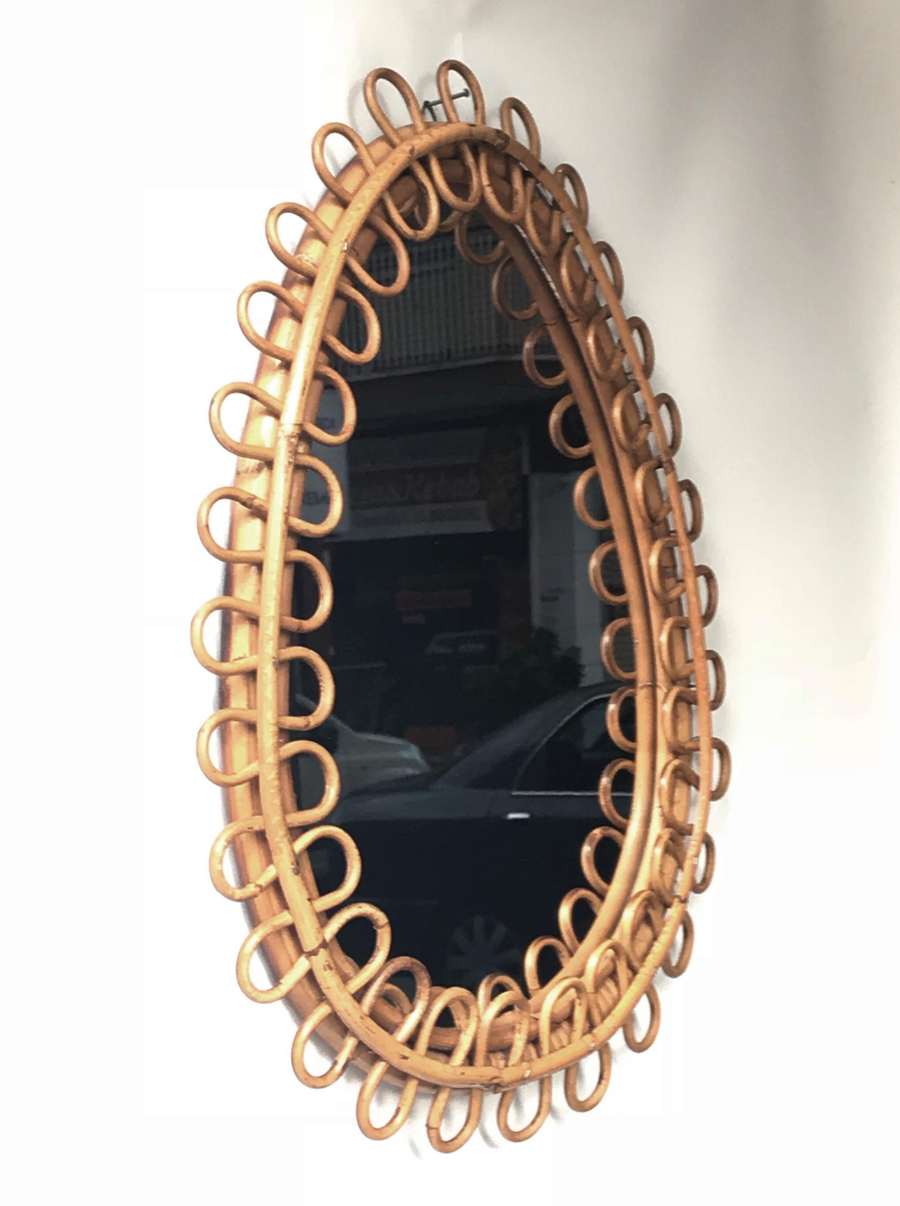 Mid-20th Century Midcentury French Riviera Oval Wall Mirror in Bamboo and Rattan, 1960s 