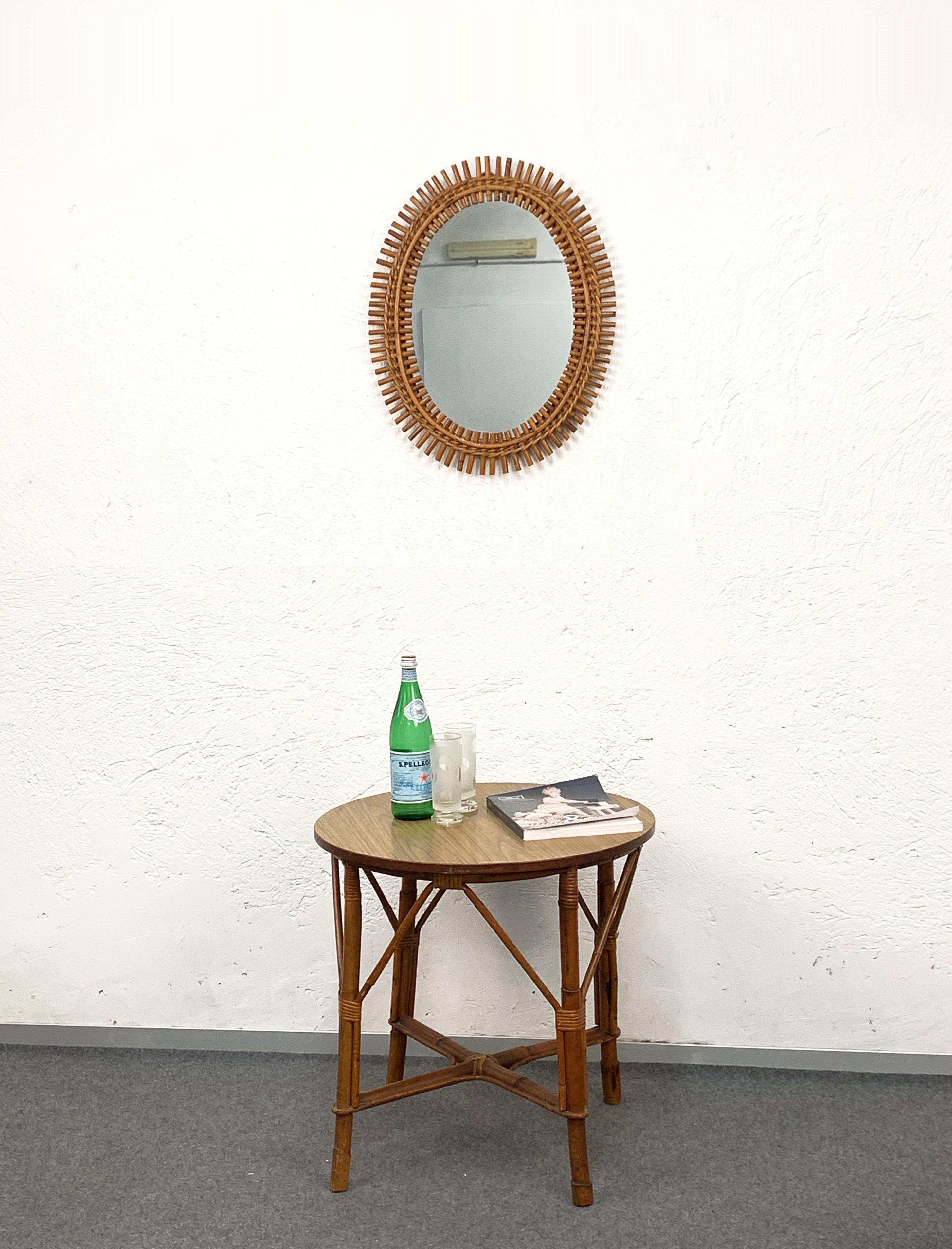 Mid-20th Century French Riviera Oval Wall Mirror in Bamboo and Rattan, 1960s Midcentury