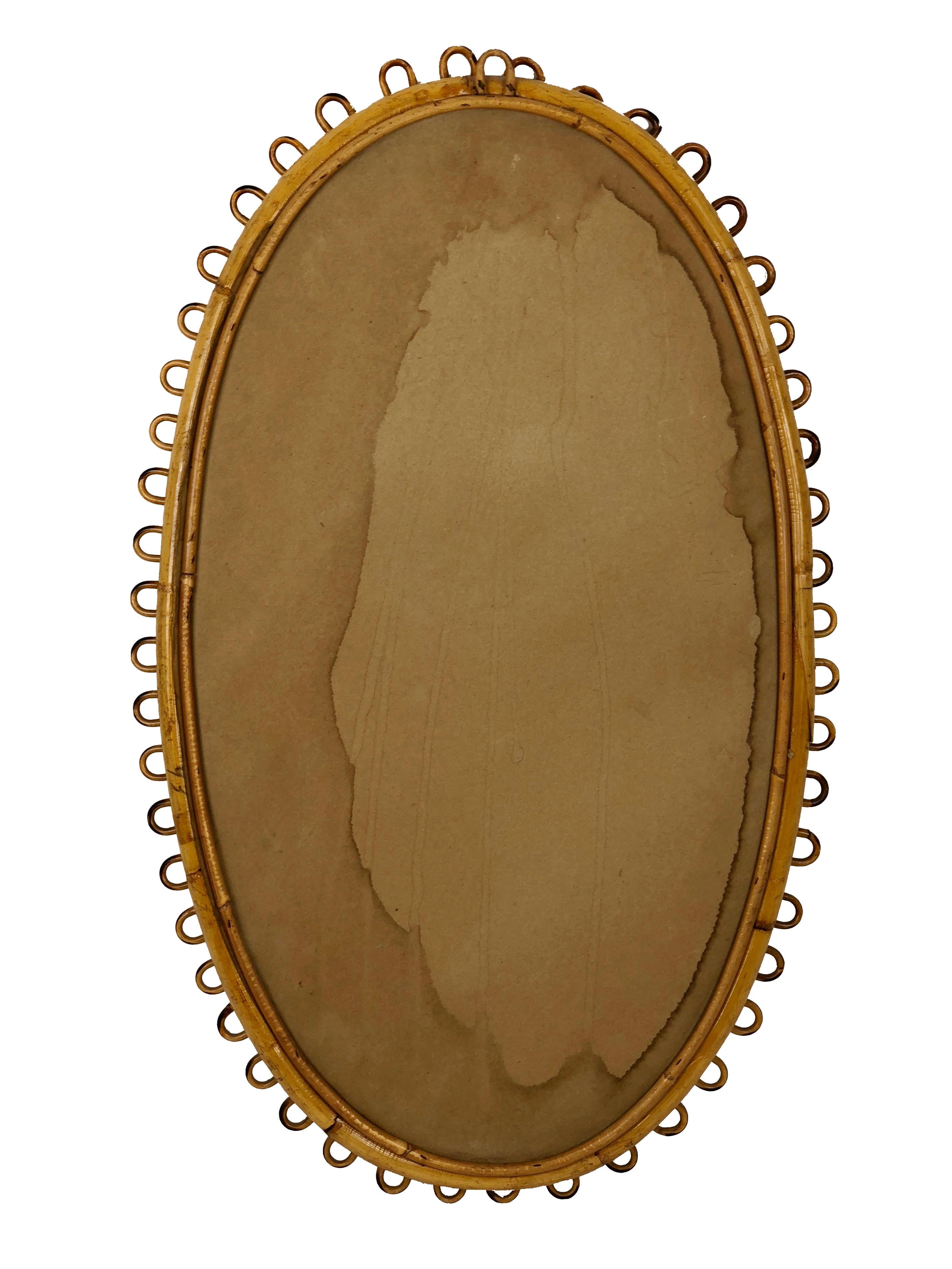 Mid-20th Century French Riviera Oval Wall Mirror in Bamboo and Rattan, 1960s Midcentury