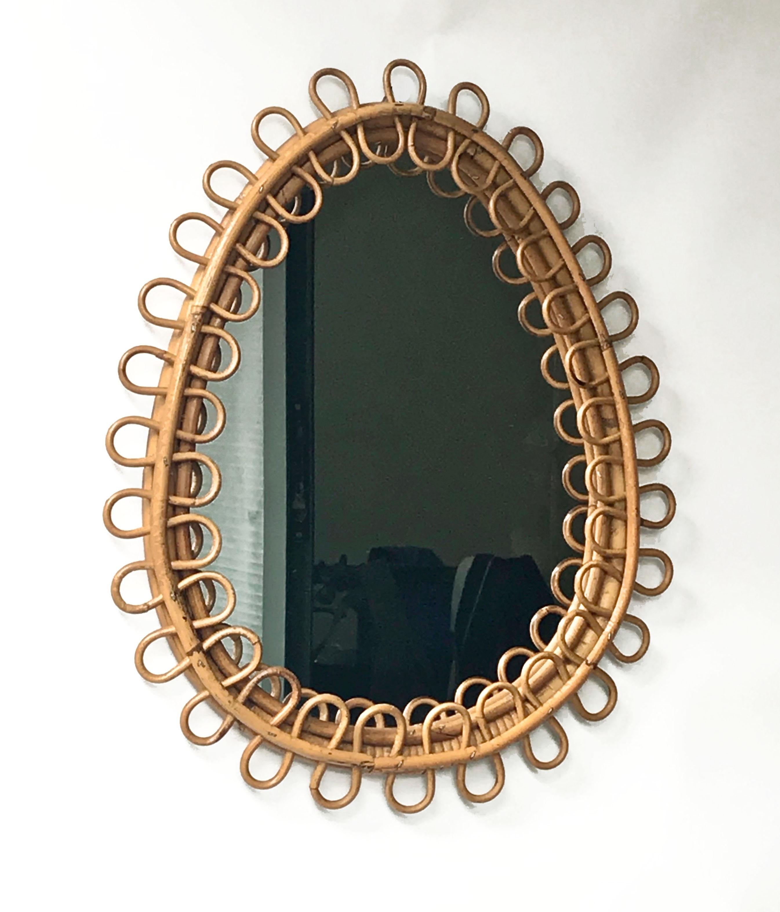 Midcentury French Riviera Oval Wall Mirror in Bamboo and Rattan, 1960s  1
