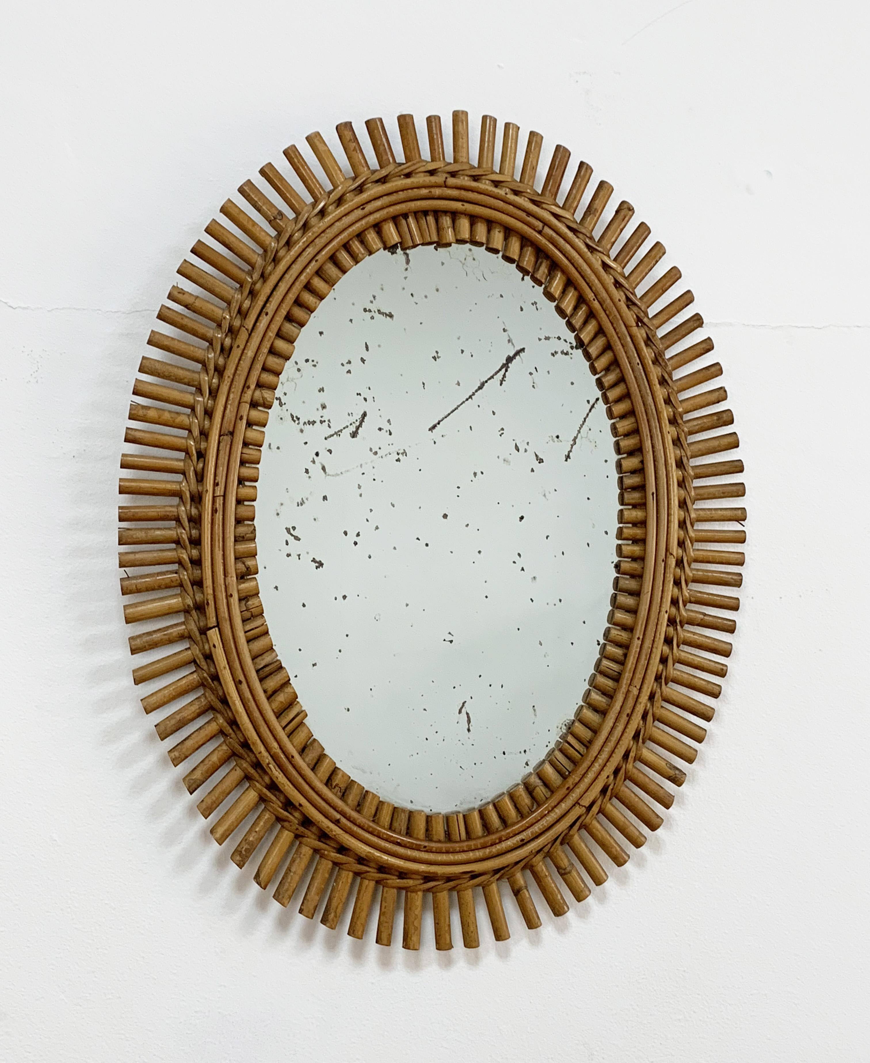 French Riviera Oval Wall Mirror in Bamboo and Rattan, 1960s Midcentury 1