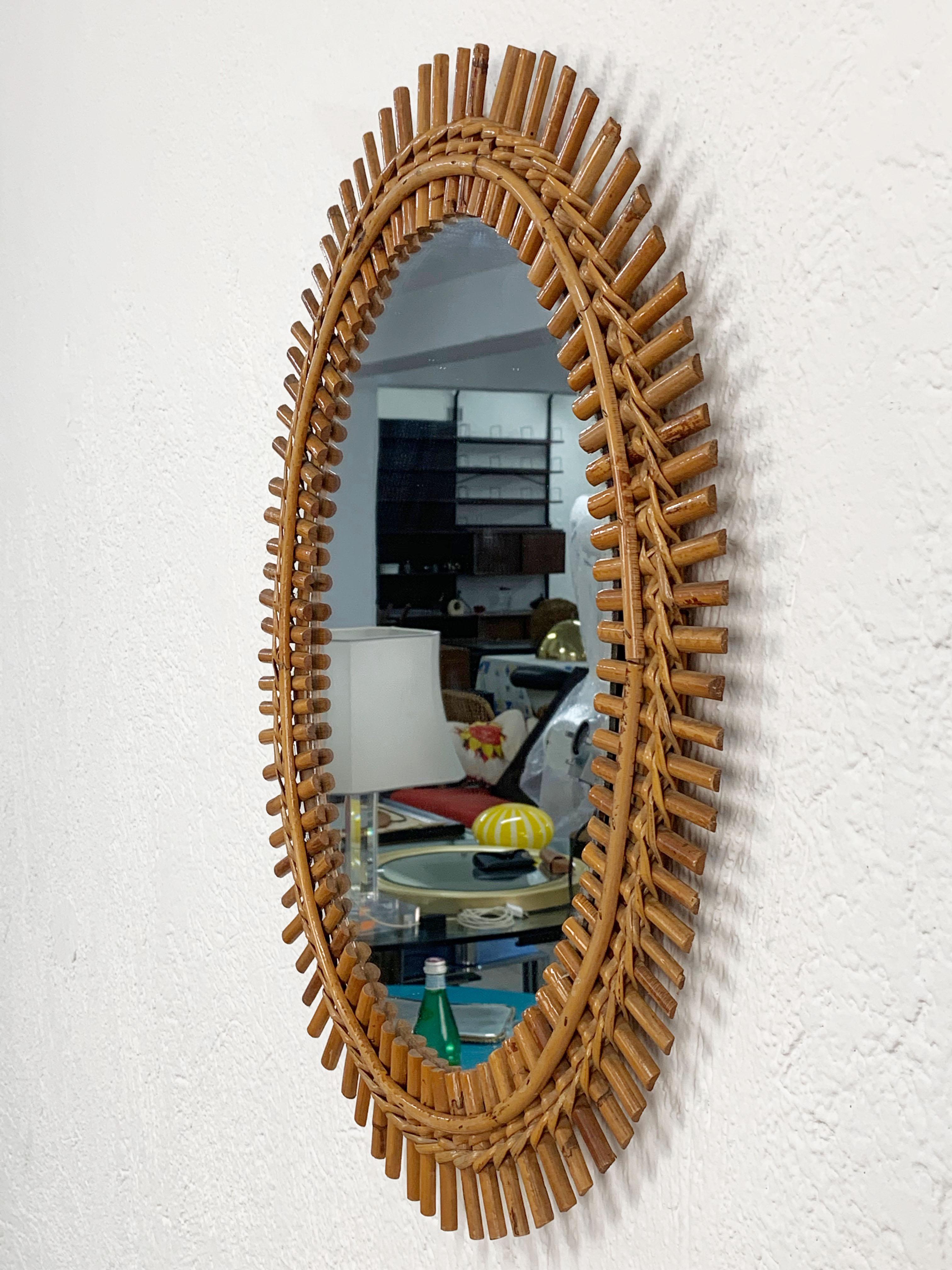 French Riviera Oval Wall Mirror in Bamboo and Rattan, 1960s Midcentury 2