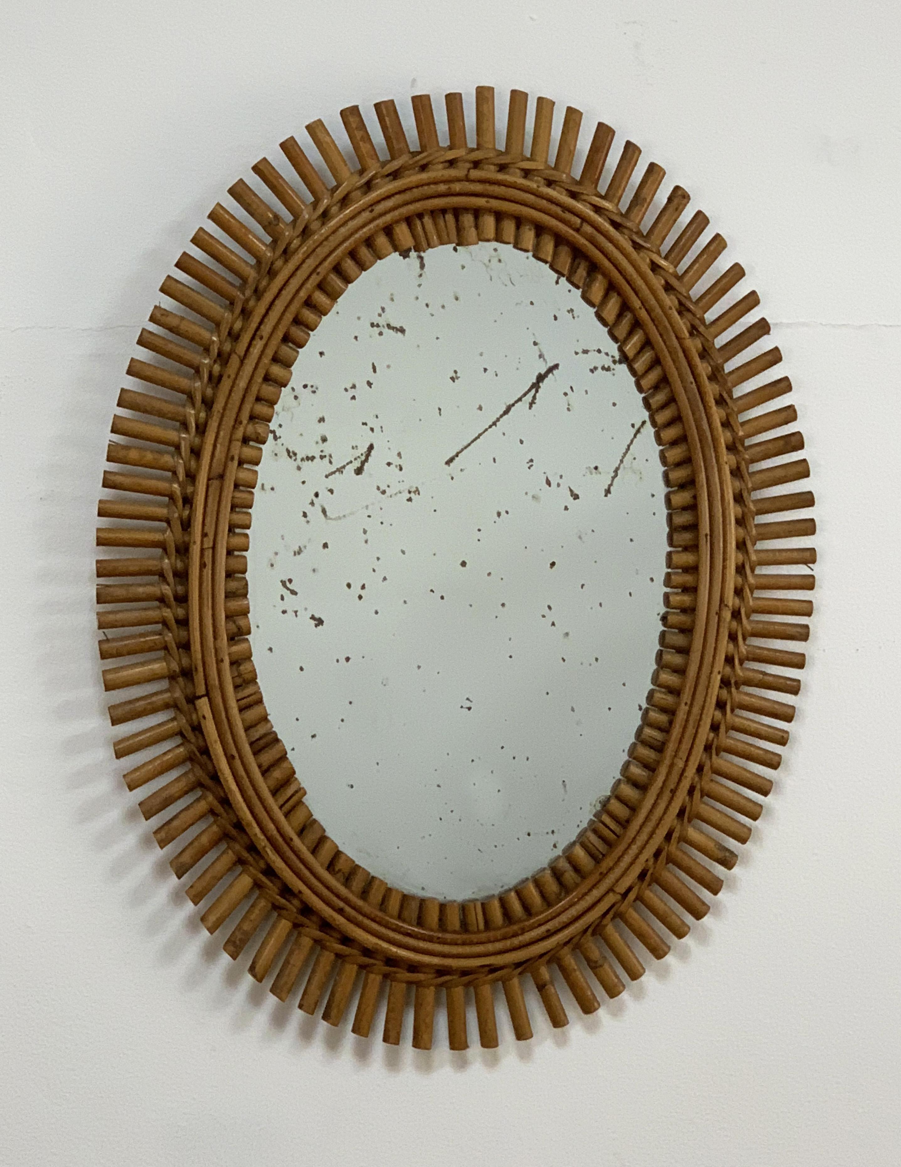 French Riviera Oval Wall Mirror in Bamboo and Rattan, 1960s Midcentury 3