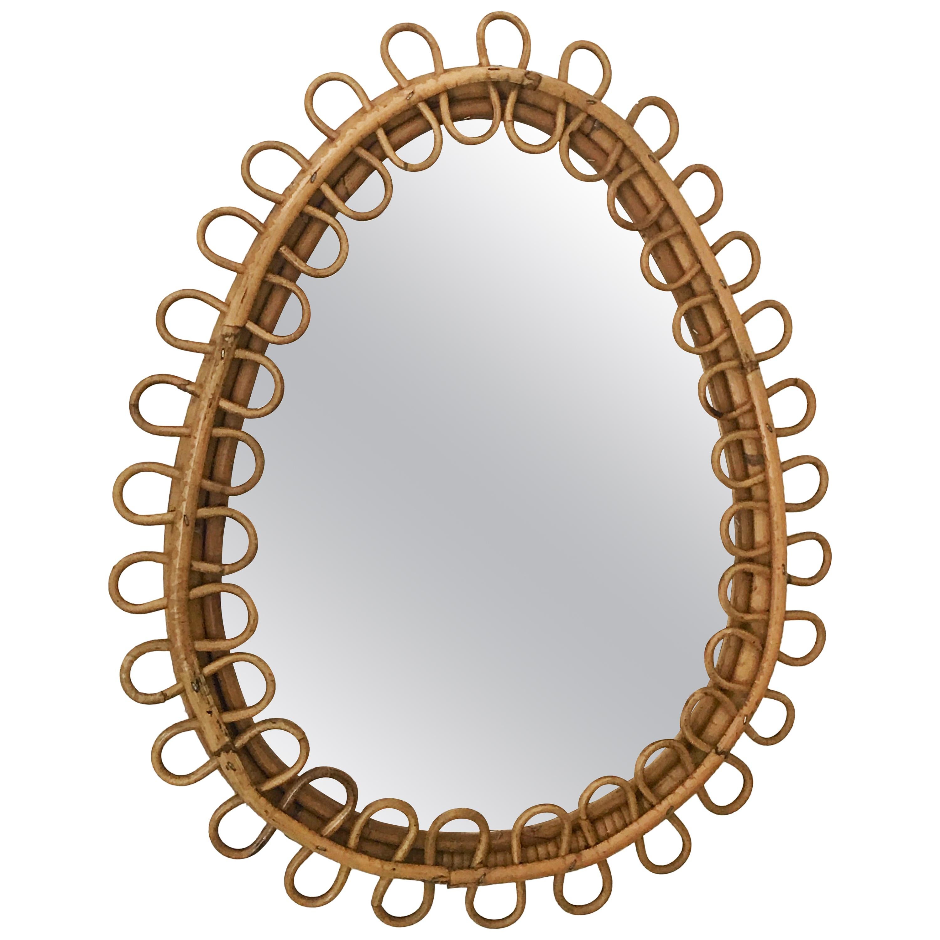 Midcentury French Riviera Oval Wall Mirror in Bamboo and Rattan, 1960s 