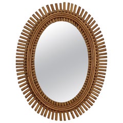 French Riviera Oval Wall Mirror in Bamboo and Rattan, 1960s Midcentury