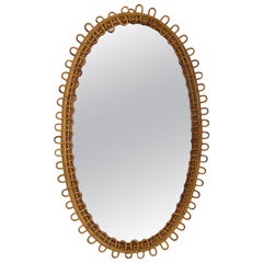 French Riviera Oval Wall Mirror in Bamboo and Rattan, 1960s Midcentury