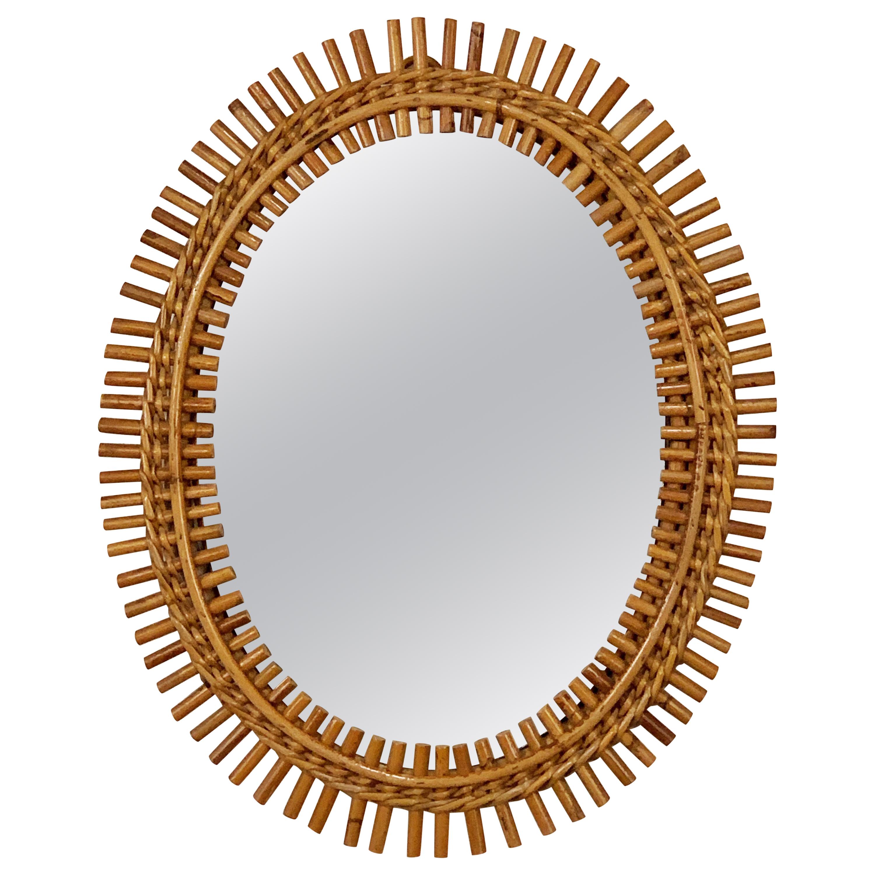 French Riviera Oval Wall Mirror in Bamboo and Rattan, 1960s Midcentury