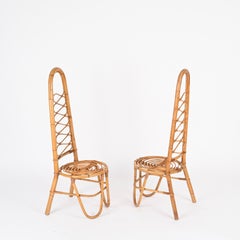 French Riviera Pair of Rattan and Wicker High-Back Chairs, Bonacina, Italy, 1960
