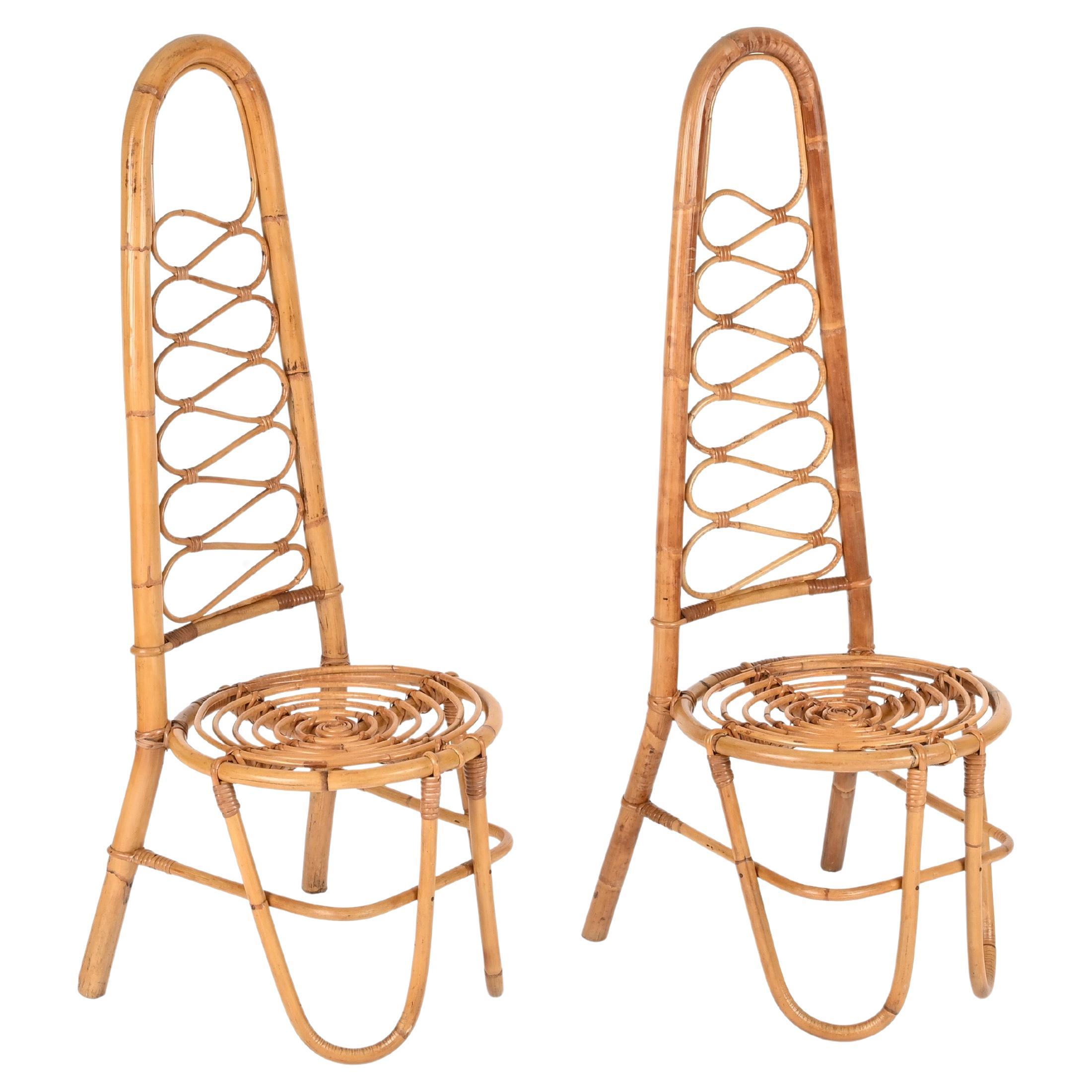 Paire de chaises à dossier haut en rotin et osier de la Côte d'Azur, Bonacina, Italie, 1960 en vente