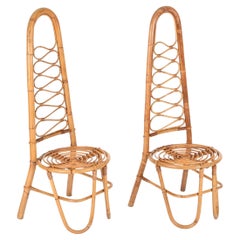 French Riviera Pair of Rattan and Wicker High-Back Chairs, Bonacina, Italy, 1960