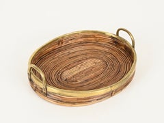 French Riviera Rattan and Brass Centerpiece or Catchall Tray, Italy, 1970s