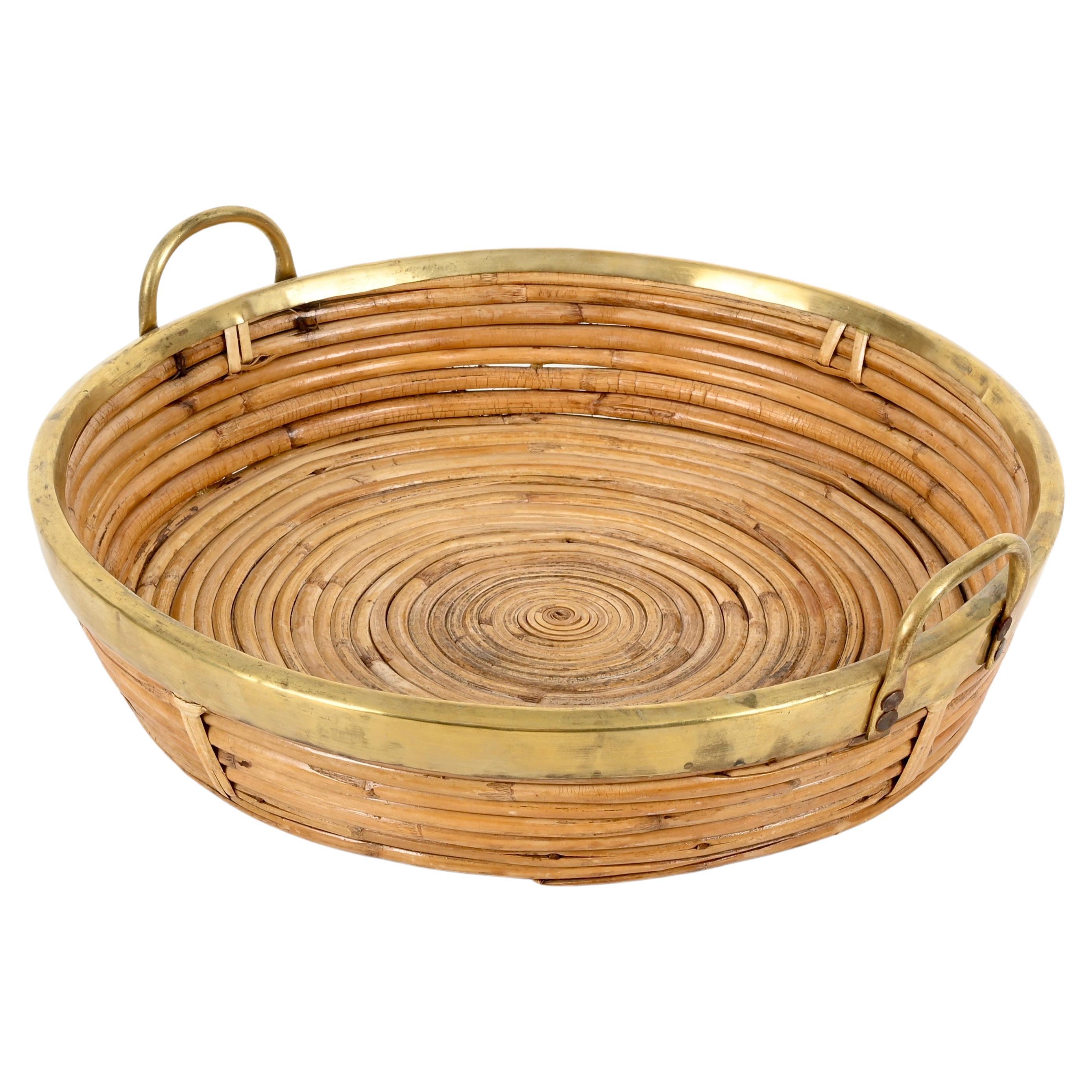 French Riviera Rattan and Brass Centerpiece or Magazine Basket, Italy 1970s