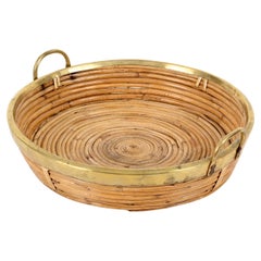 Vintage French Riviera Rattan and Brass Centerpiece or Magazine Basket, Italy 1970s