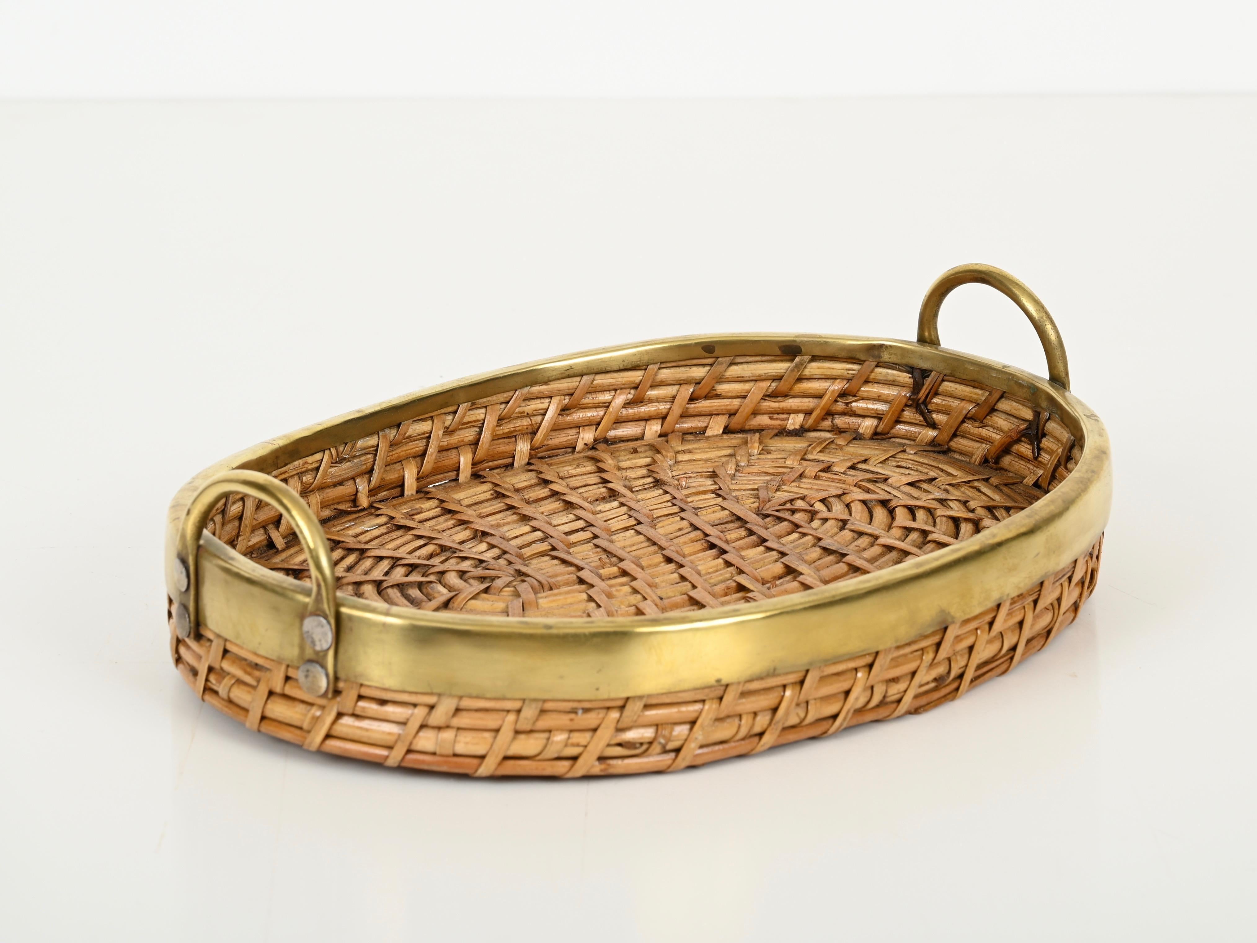 20th Century French Riviera Rattan and Brass Vide-Poche or Centerpiece Tray, Italy 1970s