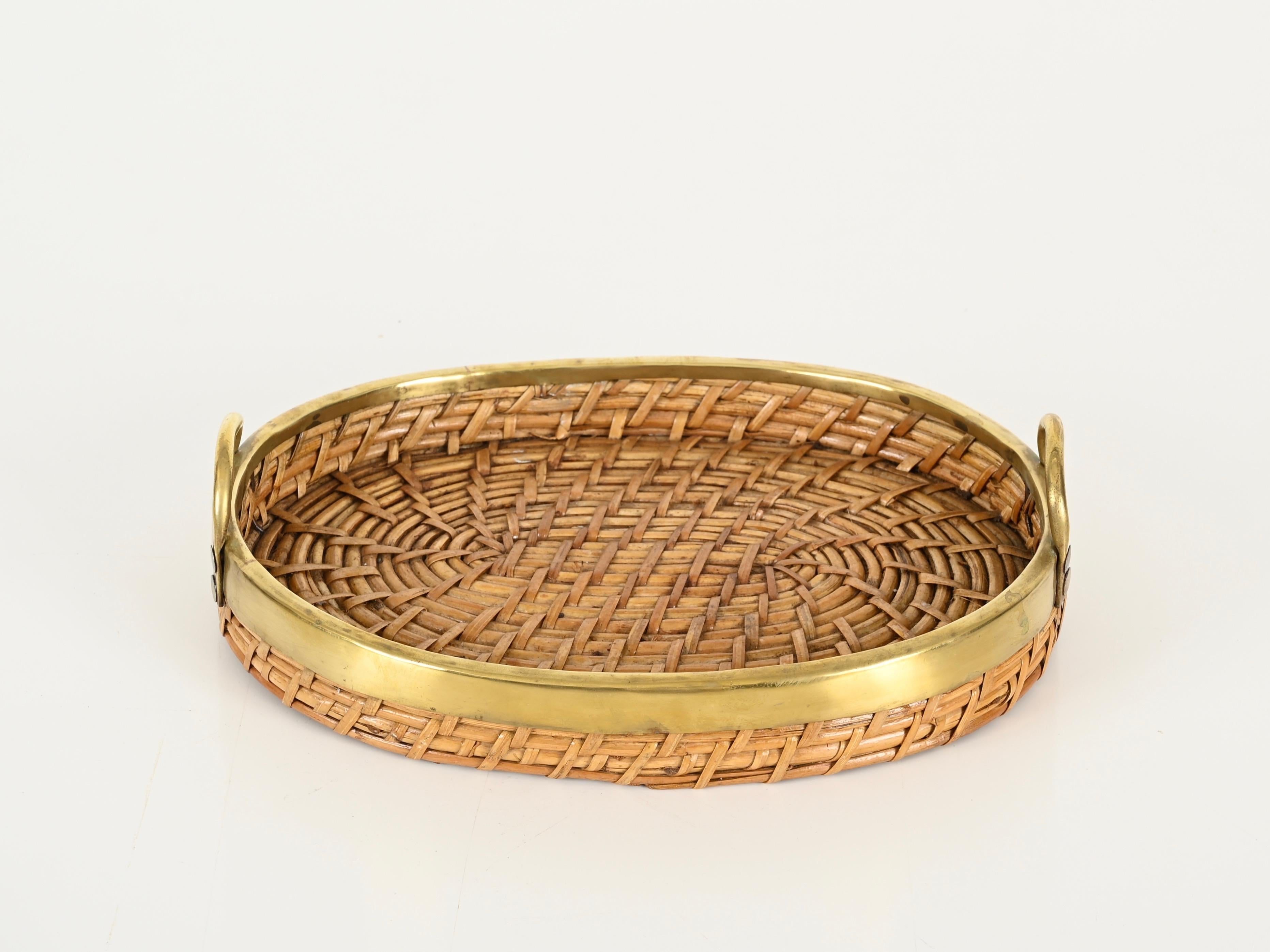 French Riviera Rattan and Brass Vide-Poche or Centerpiece Tray, Italy 1970s 1