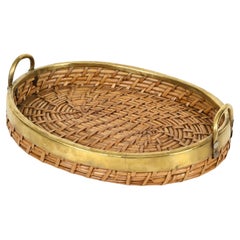 French Riviera Rattan and Brass Vide-Poche or Centerpiece Tray, Italy 1970s