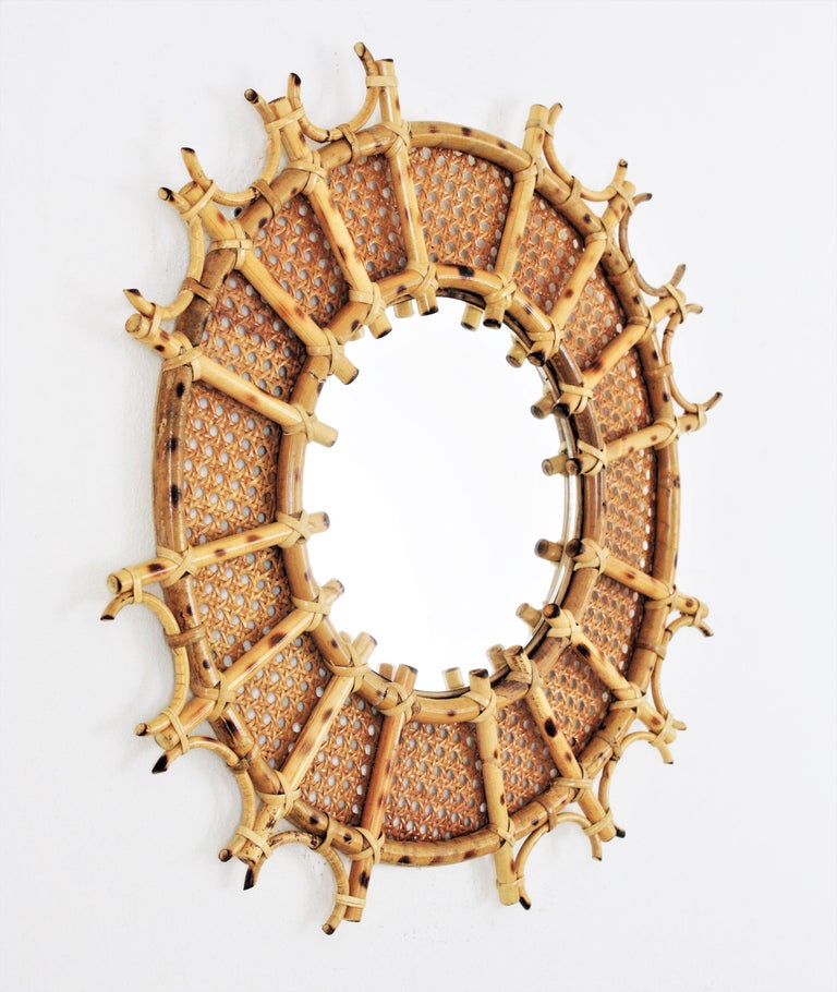 French Riviera Rattan and Caning Sunburst Mirror For Sale at 1stDibs