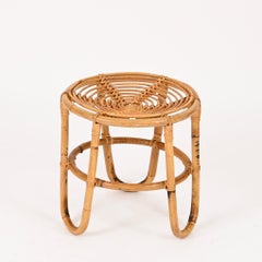 French Riviera Rattan and Wicker Round Pouf Stool, Tito Agnoli, Italy, 1960s