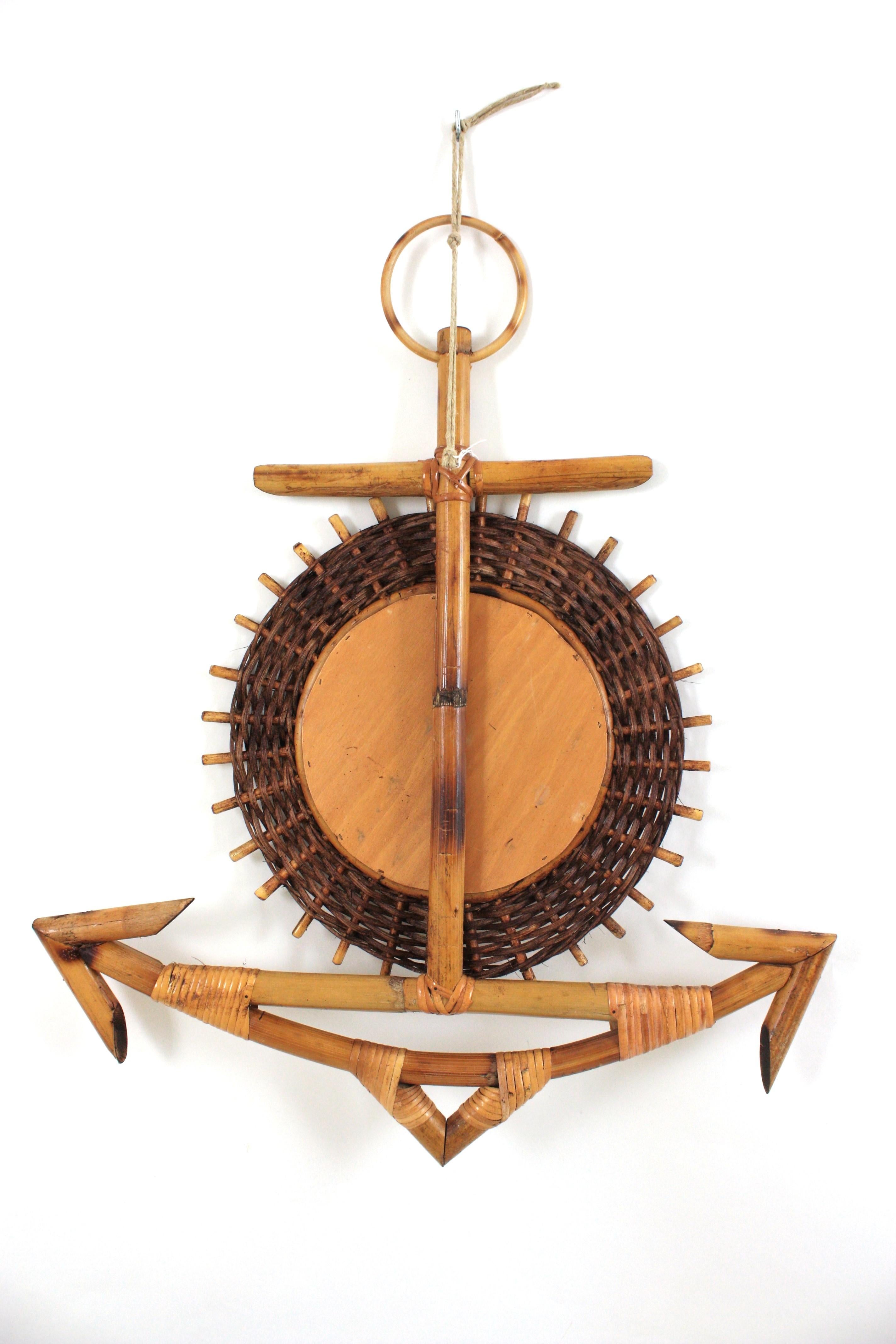 French Riviera Rattan & Bamboo Anchor Sunburst Mirror, 1950s For Sale 4