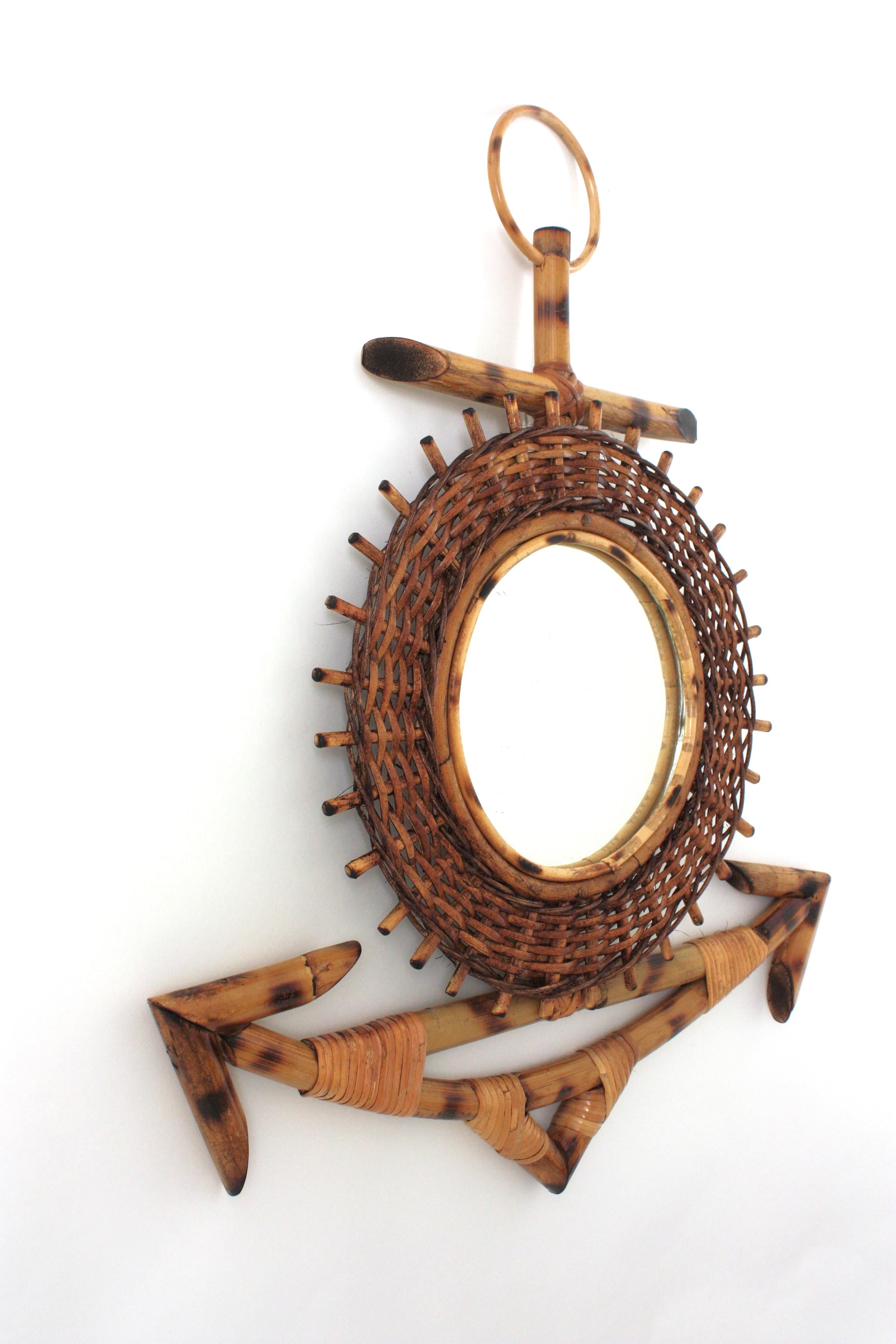 Mid-Century Modern French Riviera Rattan & Bamboo Anchor Sunburst Mirror, 1950s For Sale