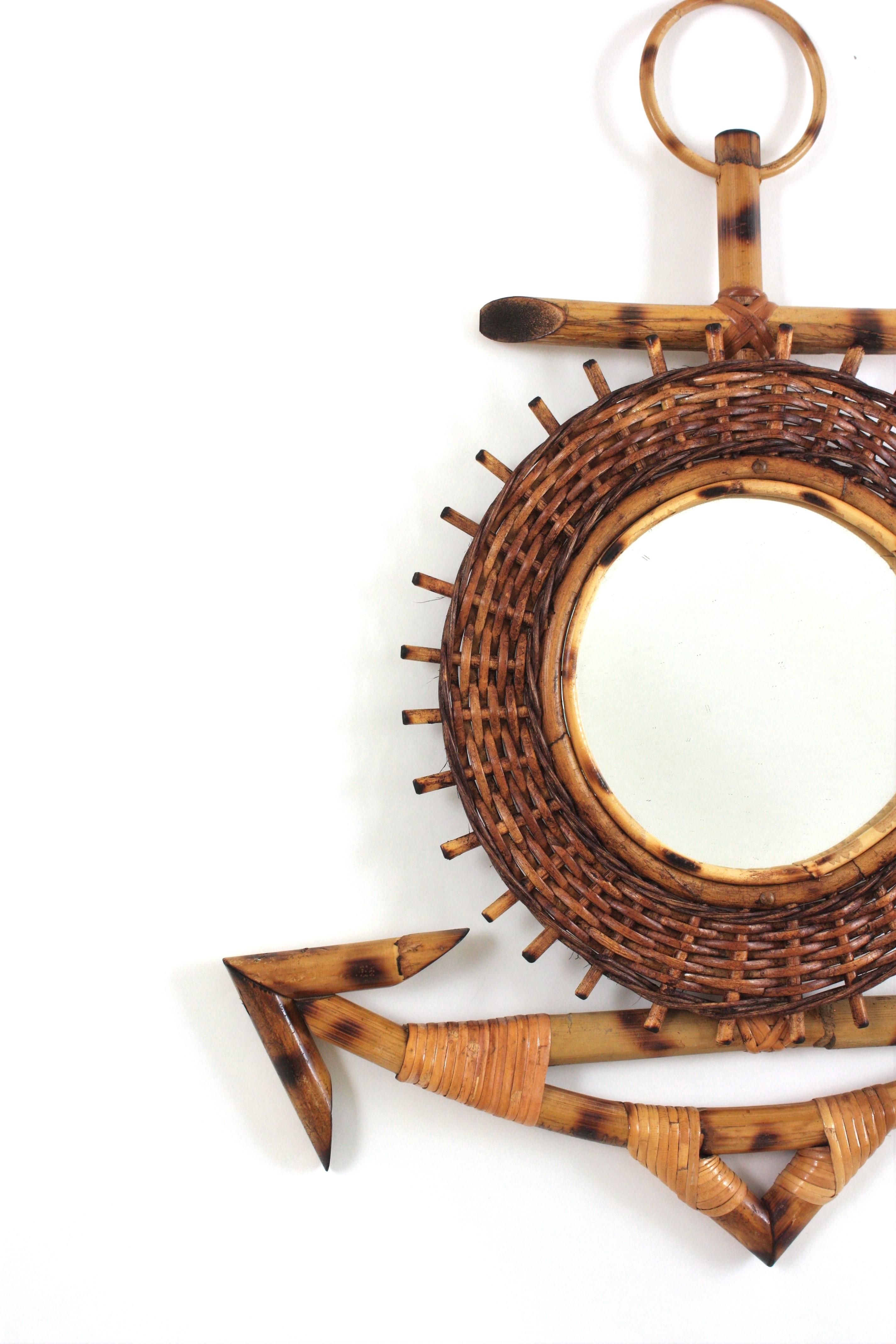 Hand-Crafted French Riviera Rattan & Bamboo Anchor Sunburst Mirror, 1950s For Sale