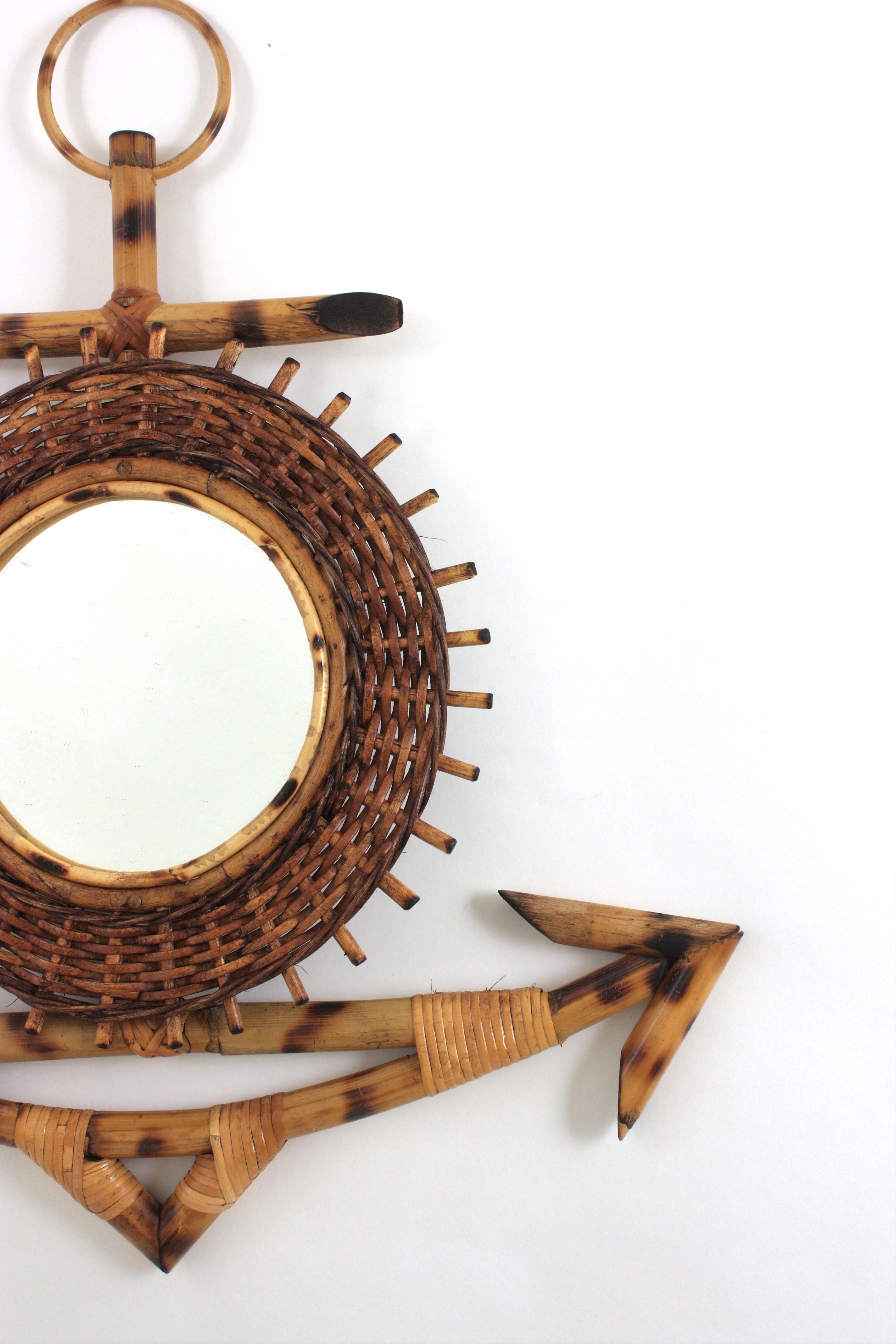 French Riviera Rattan & Bamboo Anchor Sunburst Mirror, 1950s In Good Condition For Sale In Barcelona, ES