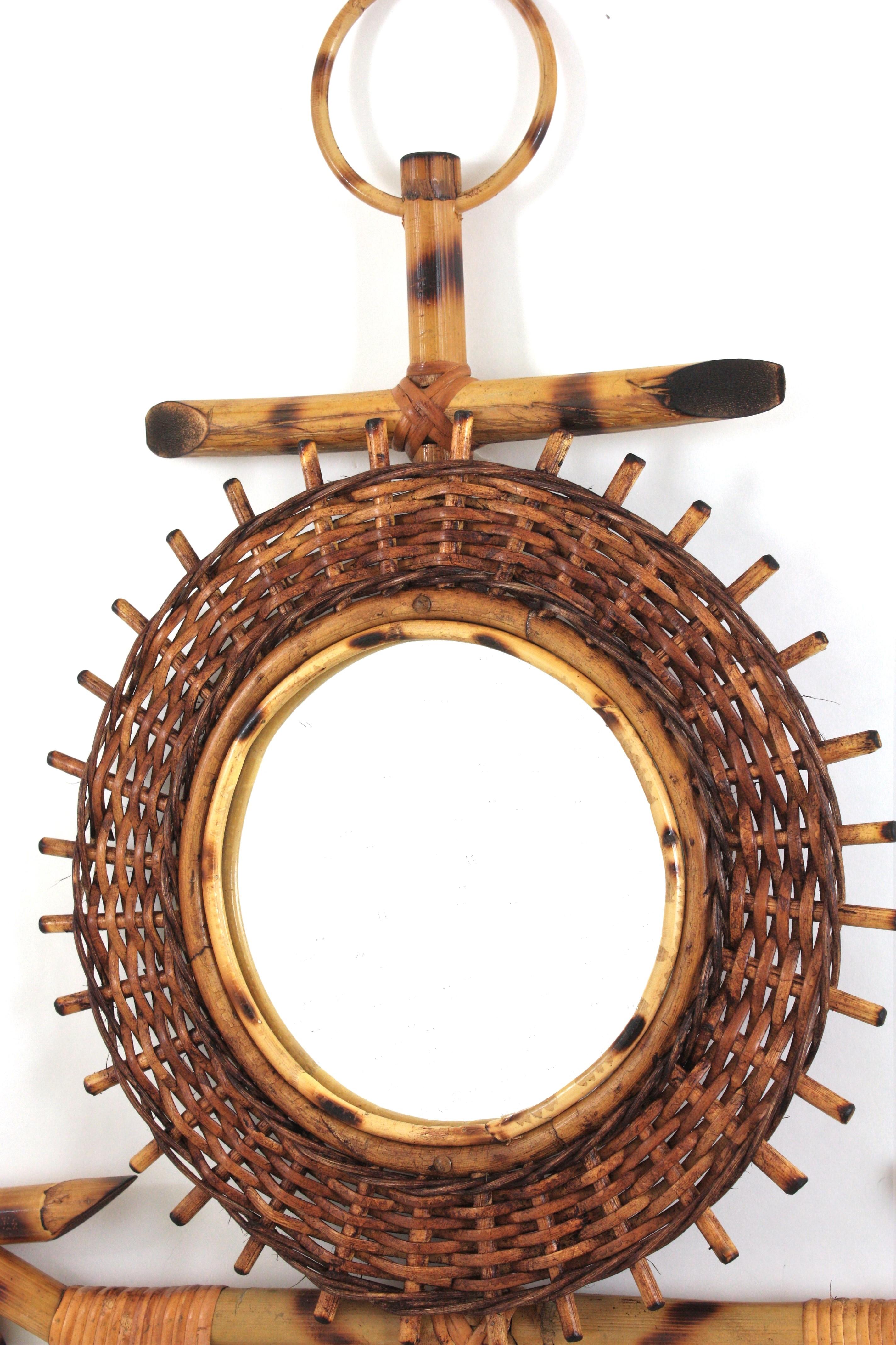 20th Century French Riviera Rattan & Bamboo Anchor Sunburst Mirror, 1950s For Sale