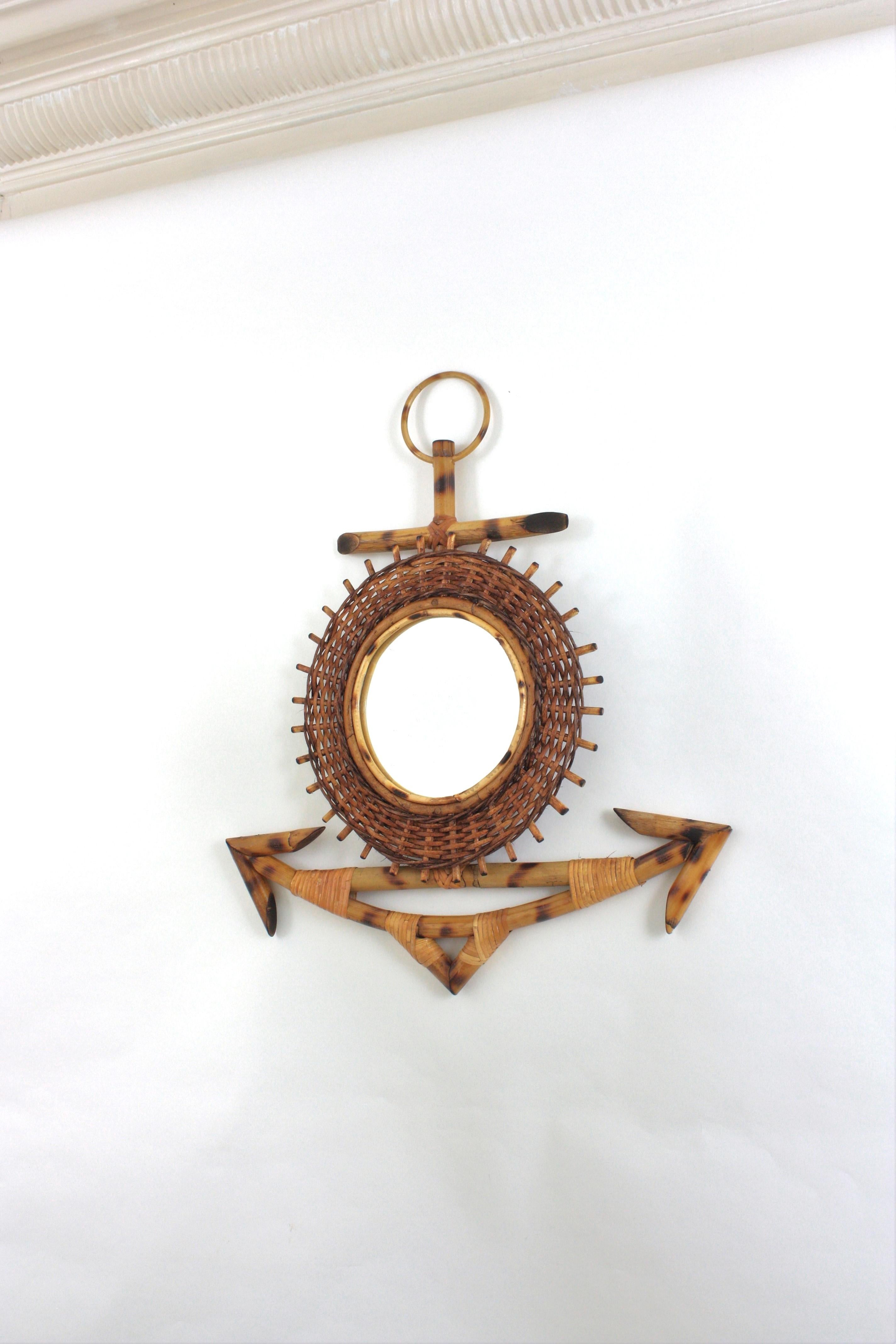 French Riviera Rattan & Bamboo Anchor Sunburst Mirror, 1950s For Sale 1