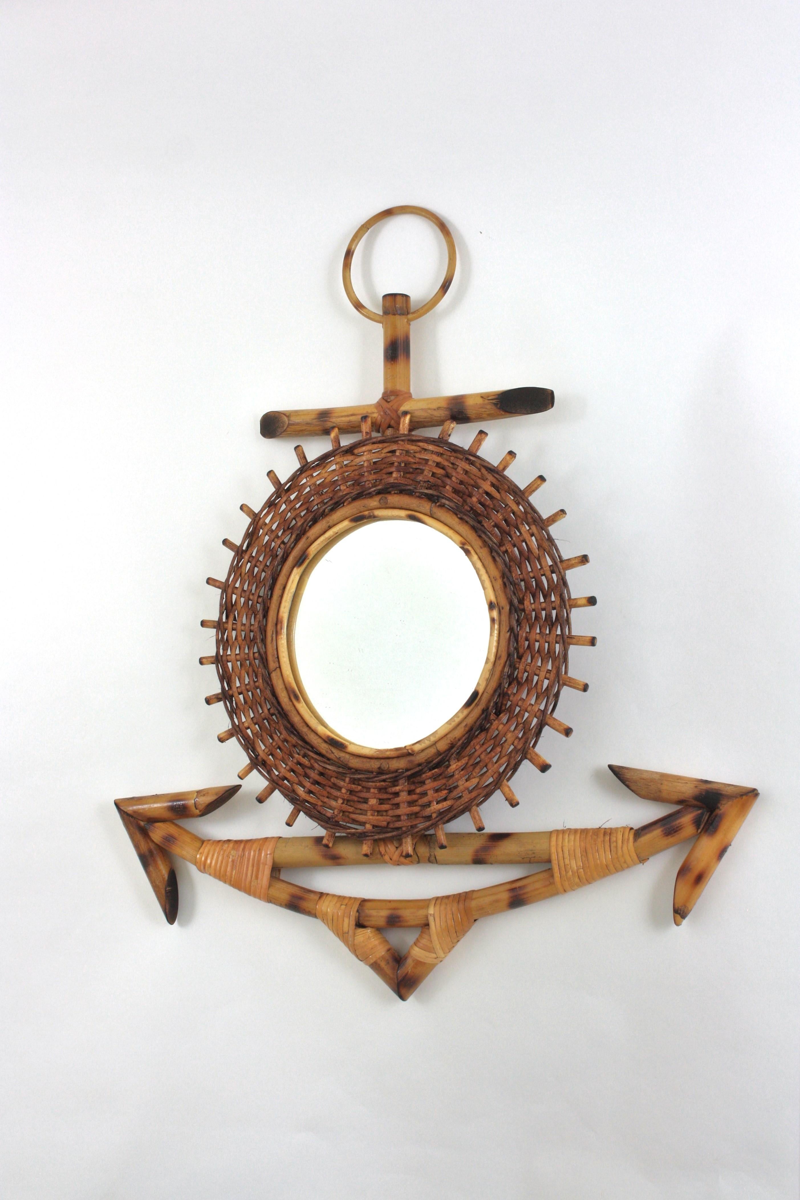 French Riviera Rattan & Bamboo Anchor Sunburst Mirror, 1950s For Sale 2