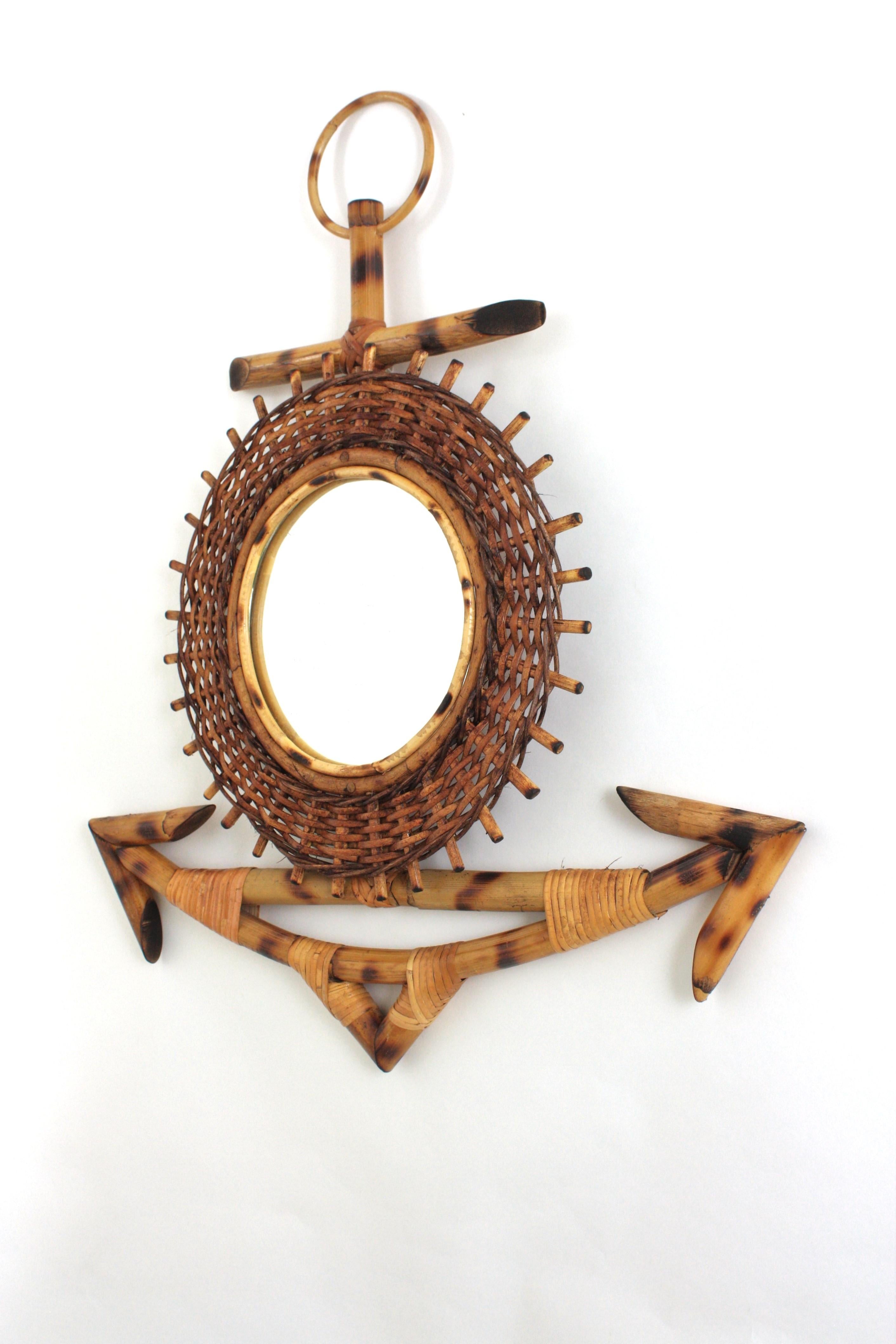 French Riviera Rattan & Bamboo Anchor Sunburst Mirror, 1950s For Sale 3