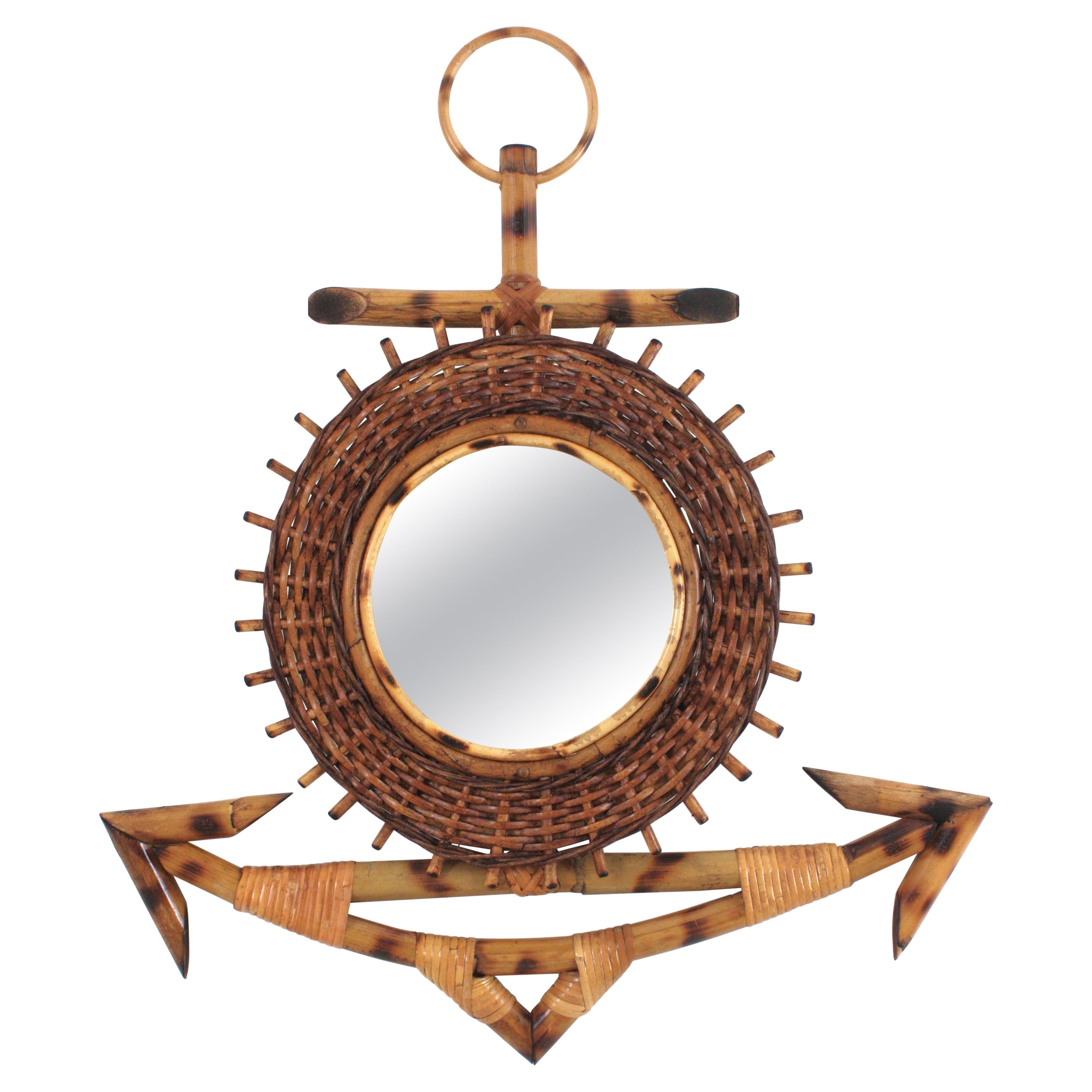French Riviera Rattan & Bamboo Anchor Sunburst Mirror, 1950s For Sale